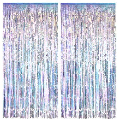 Iridescent Party Streamers Backdrop - Greatril Neon Transparent Holographic Tinsel Foil Fringe Curtain For Mermaid/Frozen/Sea/Eu