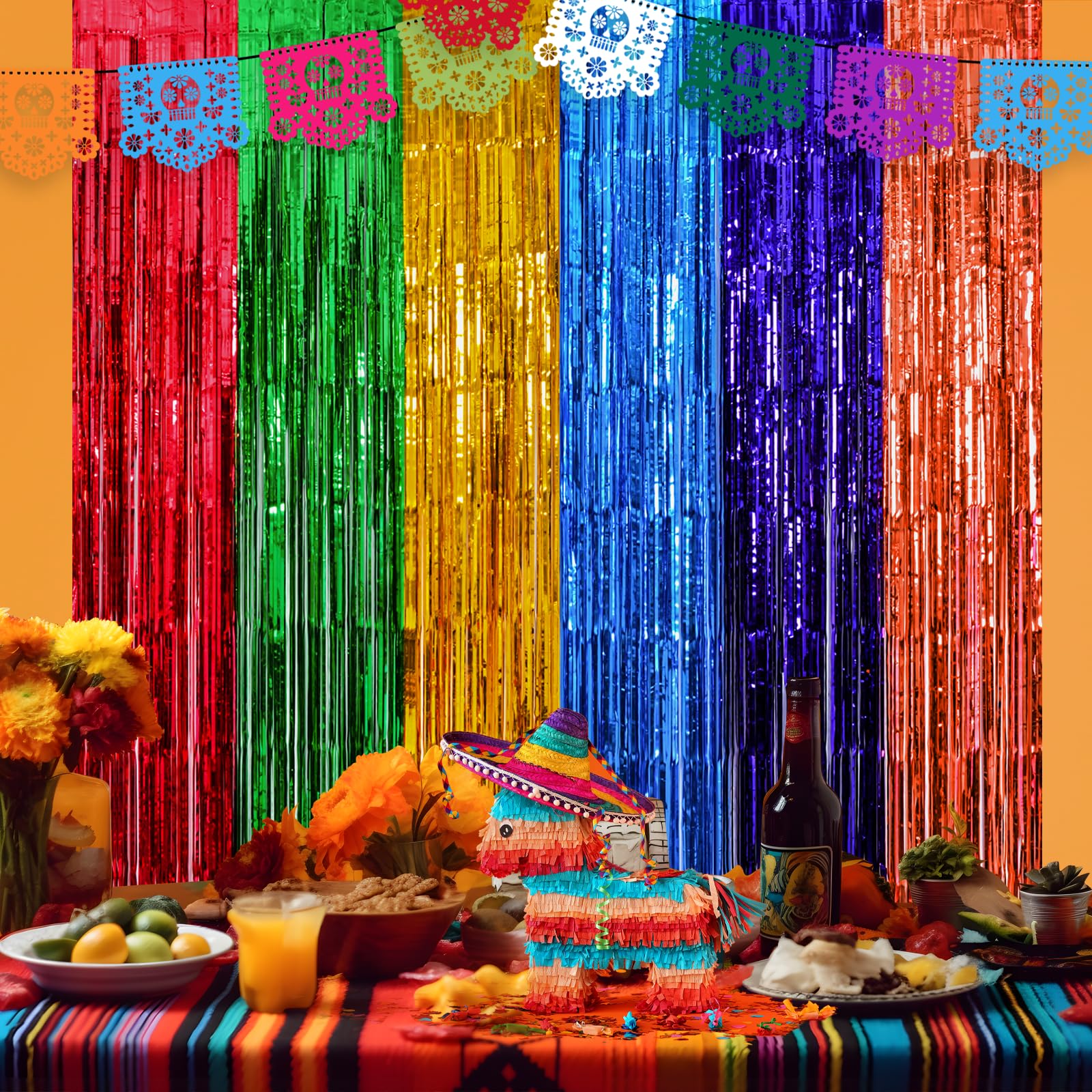 Mega L Fiesta Party Decorations Foil Curtain Backdrop 4 Pack Mexican Party 3.3X6.6Ft Tinsel Streamers Photo Booth Props For Cinc