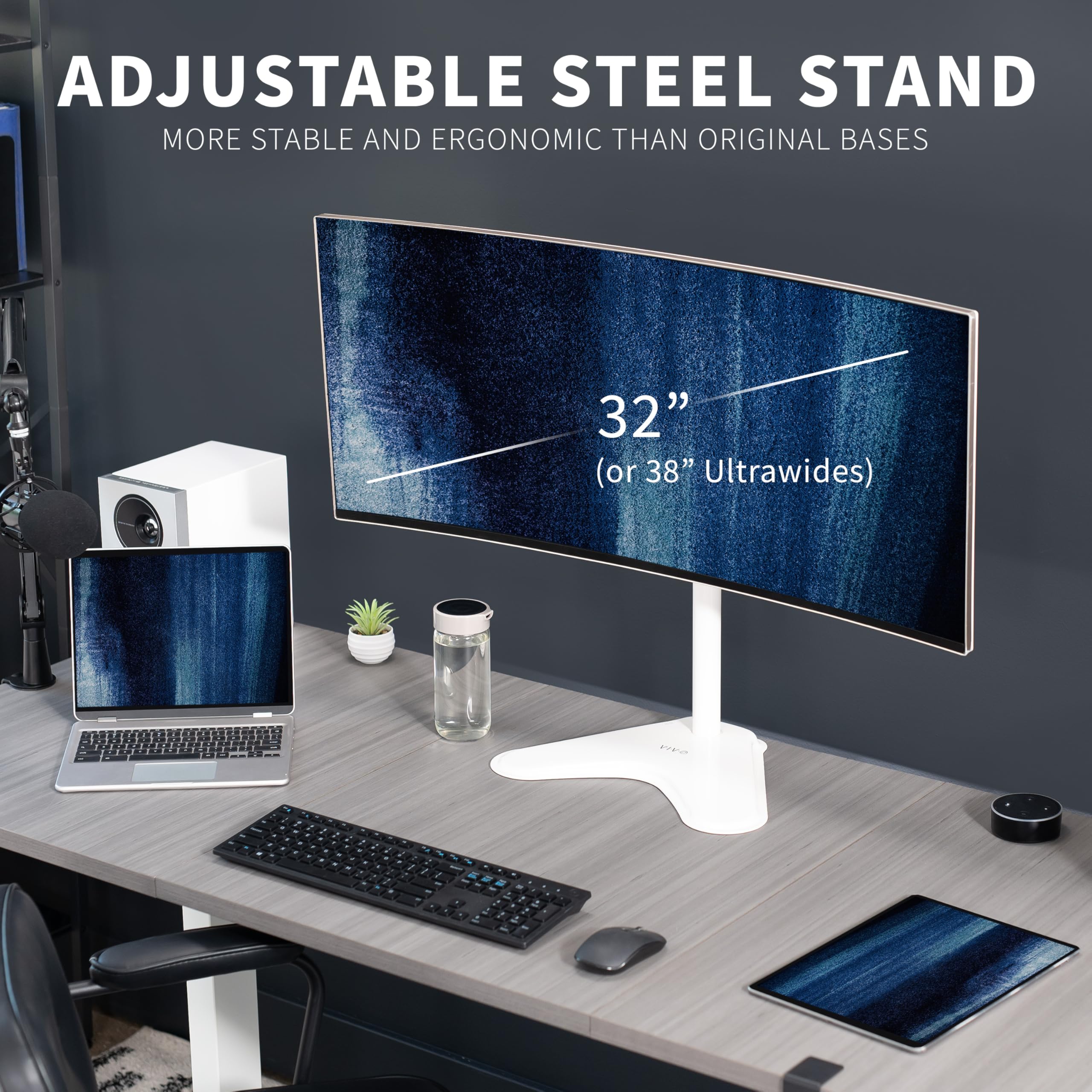 VIVO Single Monitor Desk Stand, Holds Screens up to 32 inch Regular and 38 inch Ultrawide, Freestanding VESA Steel Mount Base, Adjustable Height, Tilt, Swivel, Rotation, White, STAND V001HW