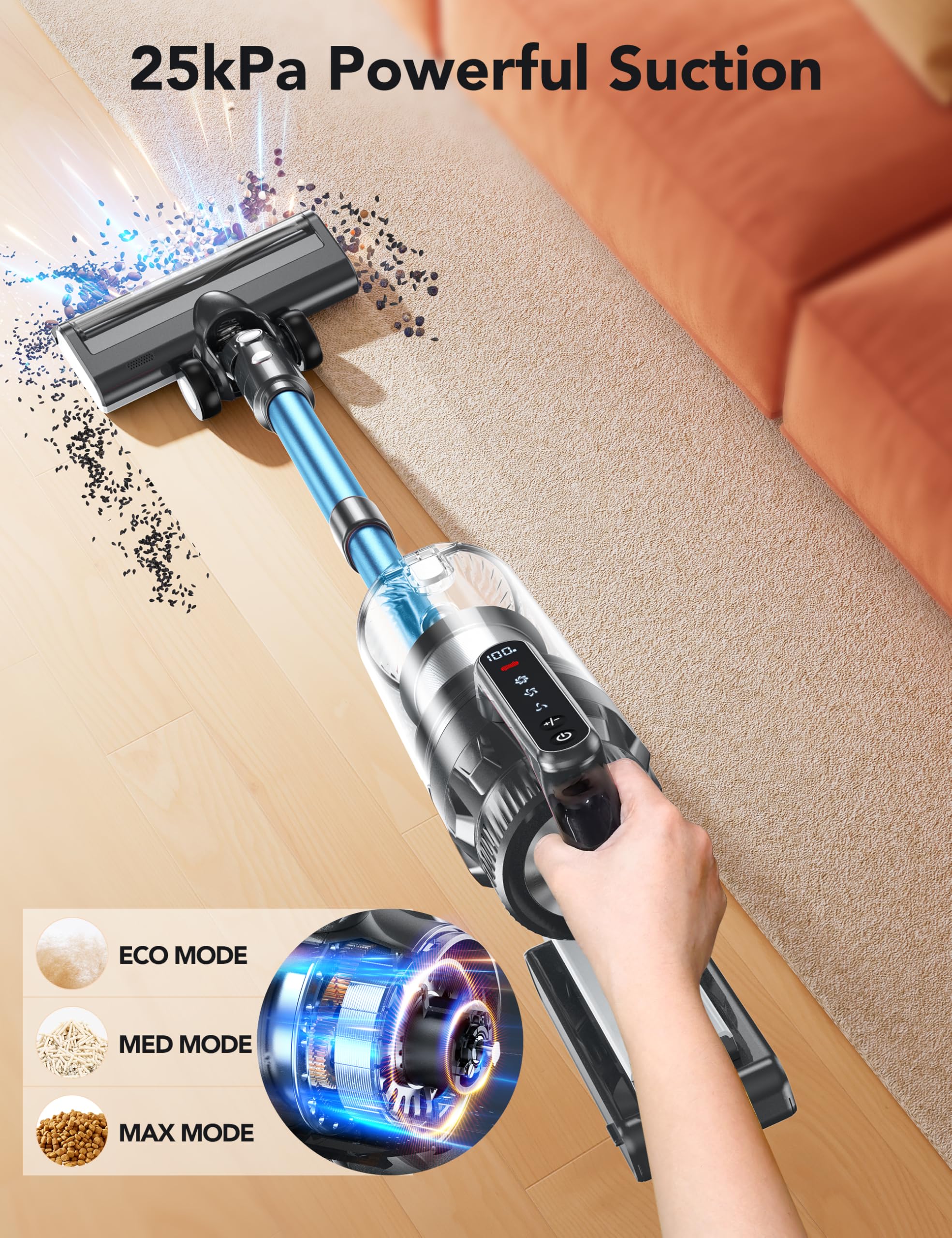 Qikcln Cordless Vacuum Cleaner, 23000Pa Powerful Lightweight Stick Vac With Led Headlights, 45Min Runtime, 3 Modes, Removable Ha