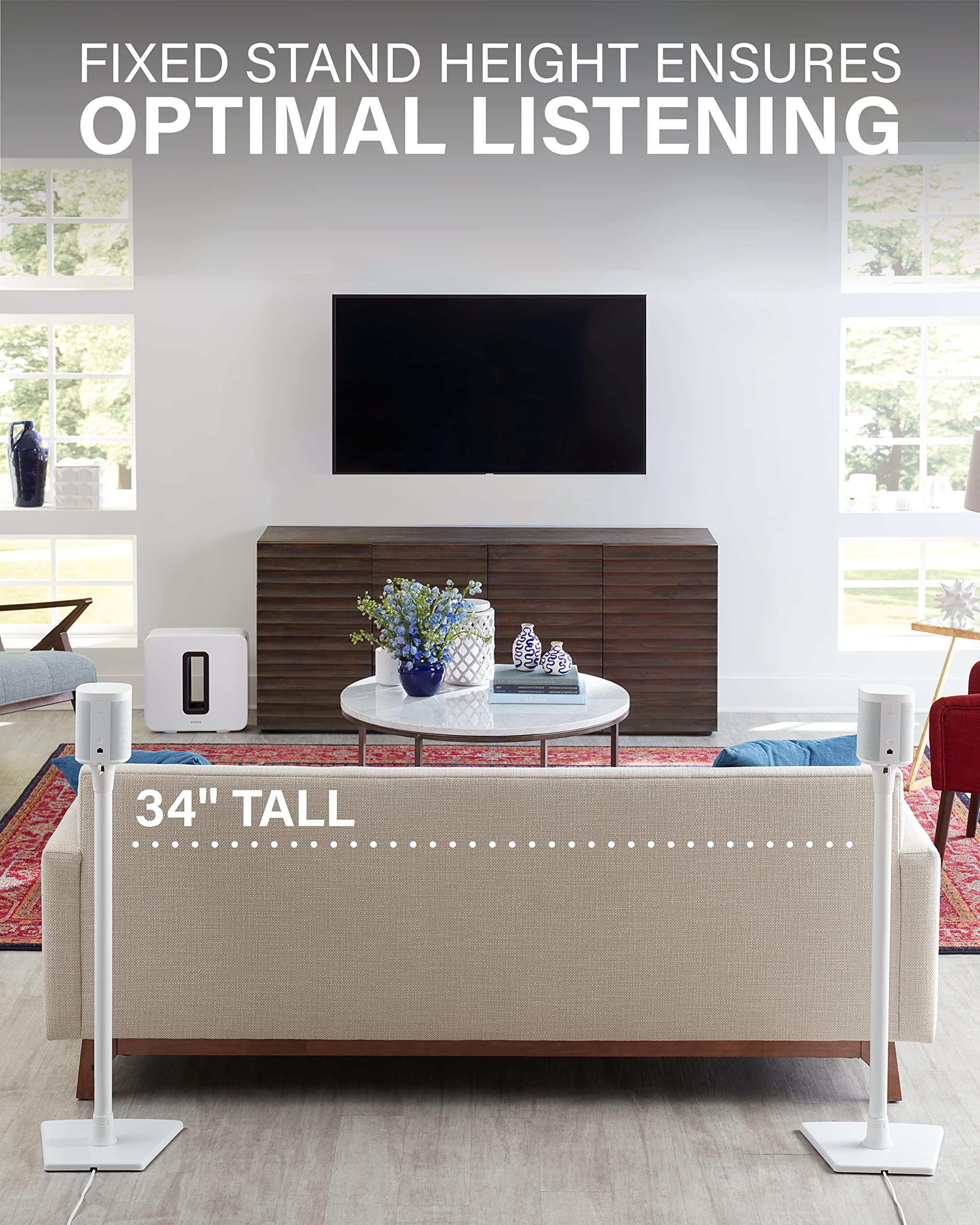 Sanus Speaker Stands Pair For Sonos One, One Sl & Play:1 Speakers   Premium Fixed Height Speaker Stand W/Built In Cable Manageme