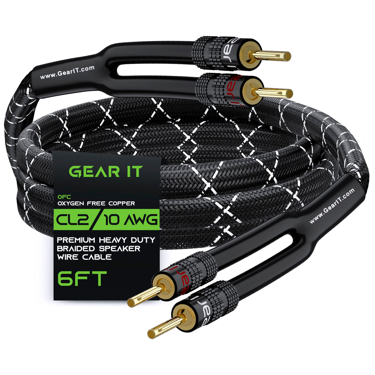 Gearit 10Awg Speaker Cable Wire With Gold Plated Banana Tip Plugs (6 Feet) In Wall Cl2 Rated, Heavy Duty Braided, 99.9% Oxygen F