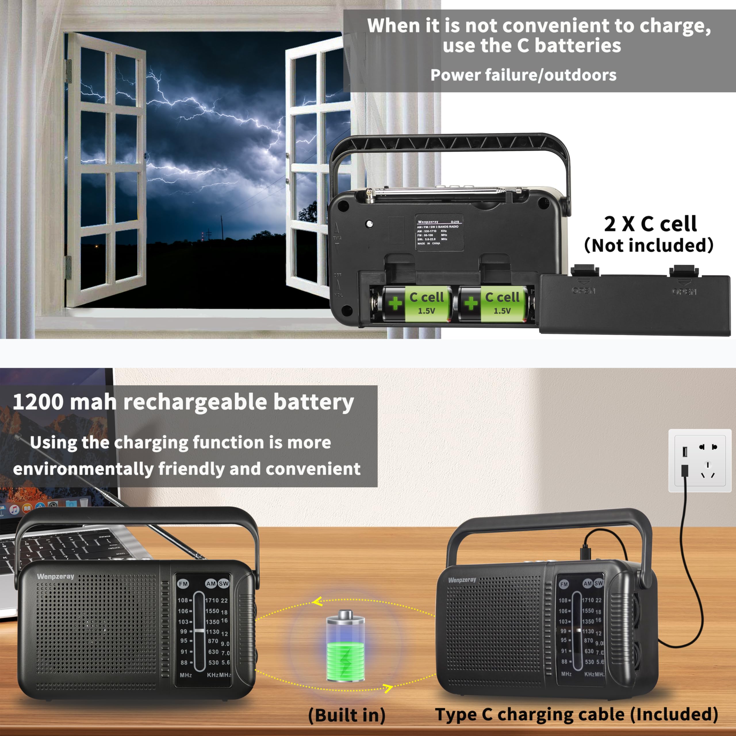 WENPZERAY Shortwave AM FM Radio - Retro Bluetooth Speaker, Great Reception, Battery Powered, TF Card/USB Play, Small, Black