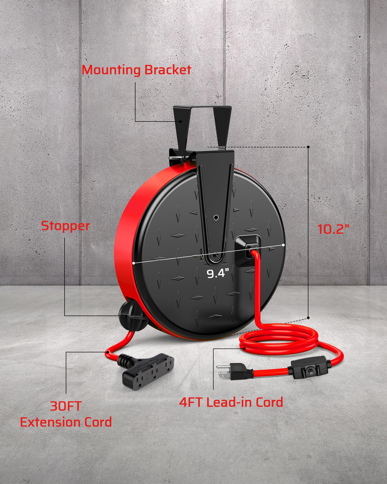 Dewenwils 30Ft Extension Cord Reel, 16/3 Gauge Sjtw Power Cord, Retractable Cord Reel With 3 Outlets, Ceiling/Wall Mount For Gar