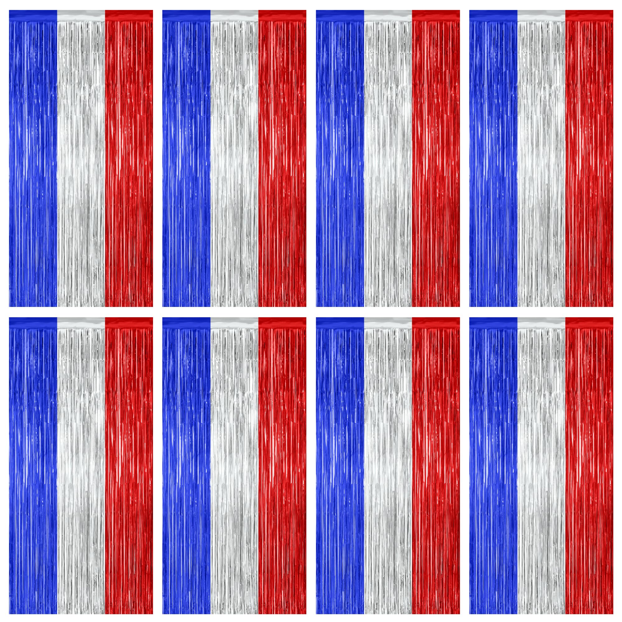 8 Pack 4th of July Photo Backdrop, 3.28 FT x 7.08 FT Fourth of July Decorations, Metallic Blue Silver Red Patriotic Tinsel Backd