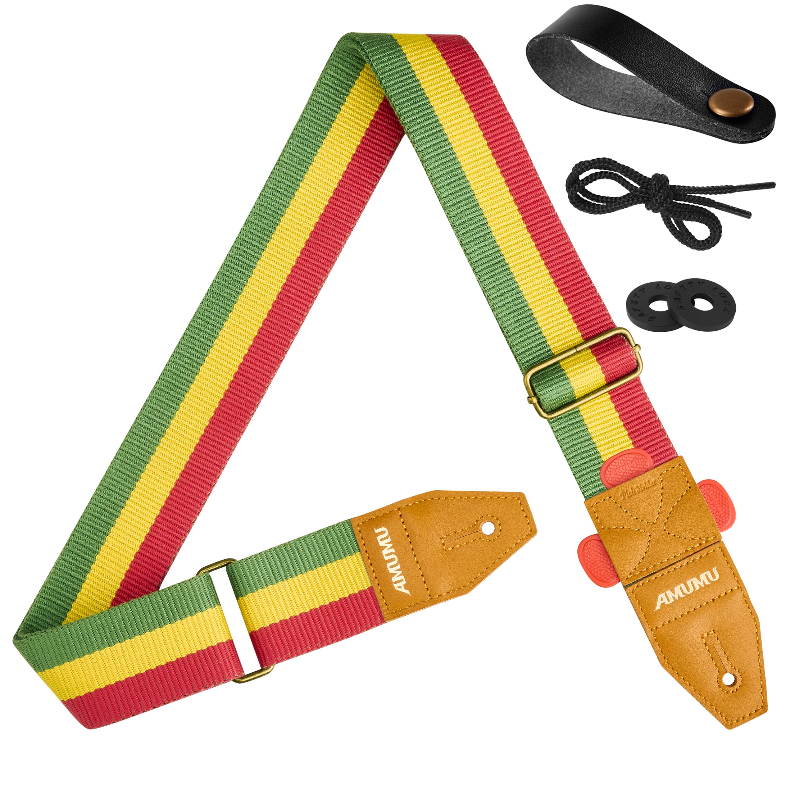 Amumu Reggae Guitar Strap Jamaica Rasta for Acoustic, Electric and Bass Guitars with Strap Blocks & Headstock Strap Tie
