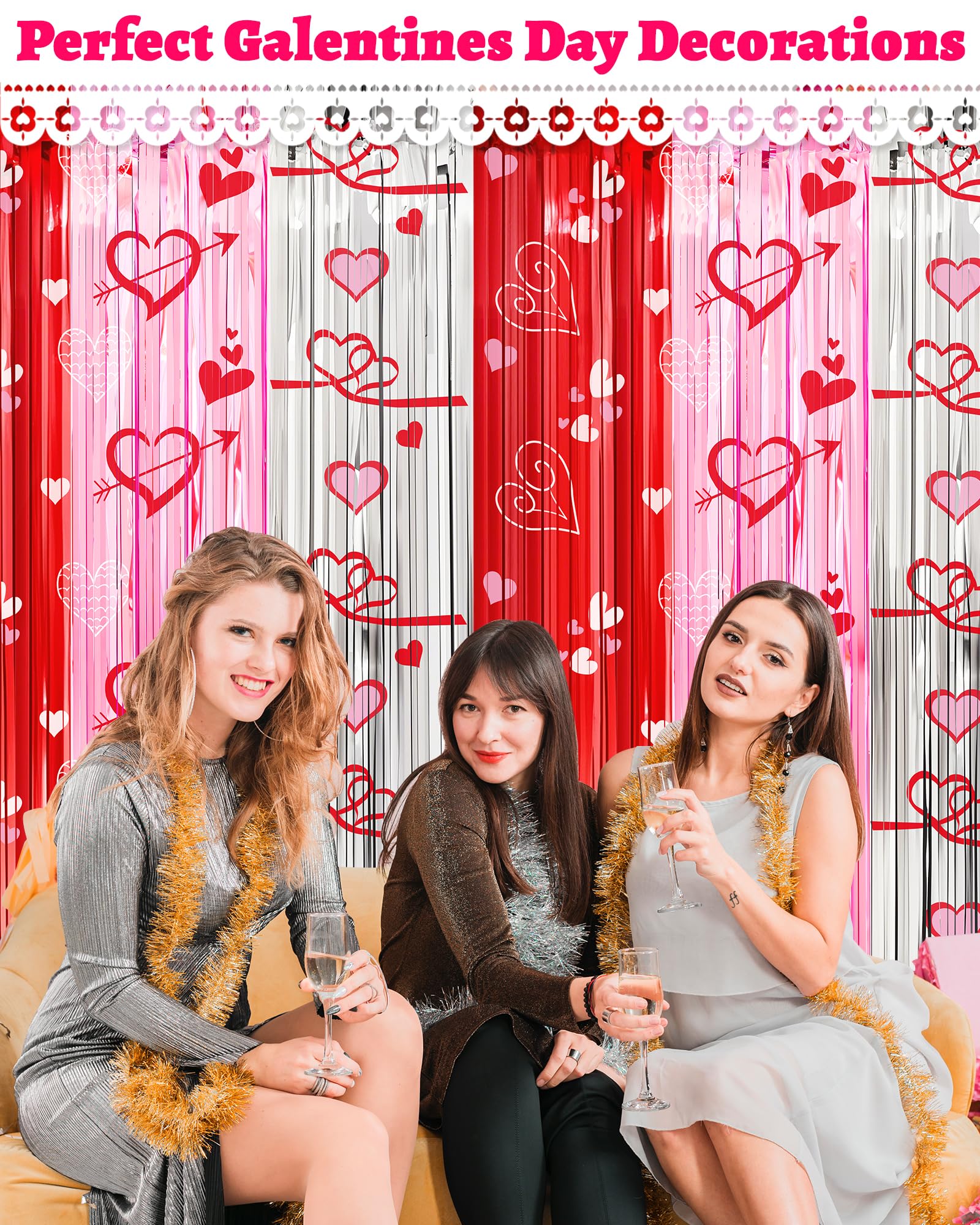 Valentines Day Decorations Foil Fringe Curtains For Party, 2 Pack 3.3 X 6.6 Ft Galentines Day Decorations Red Pink Silver Tinsel