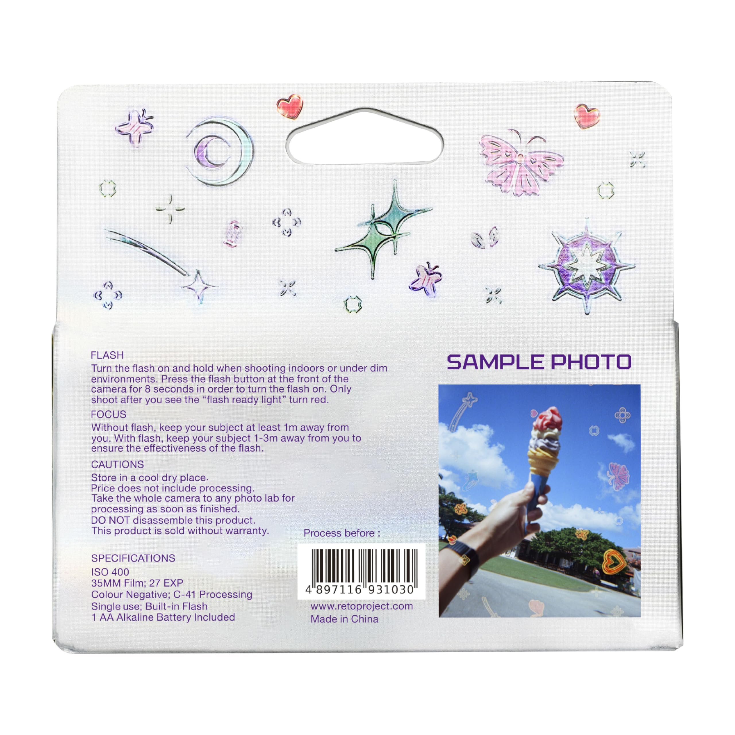 Retocolor Bling-Bling 400 35Mm Disposable Film Camera 27Exp, Iso400, Color Negative Film, Focus Free, Easy To Use, Built In Flas