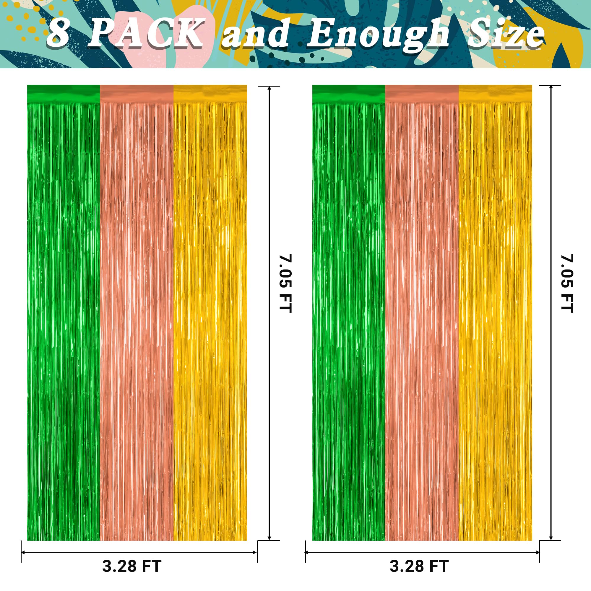 12 Pack Hawaiian Party Decorations, 3.28 Ft X 7.05 Ft Luau Party Decorations, Green Brown Yellow Backdrop Fringe Curtains Foil S