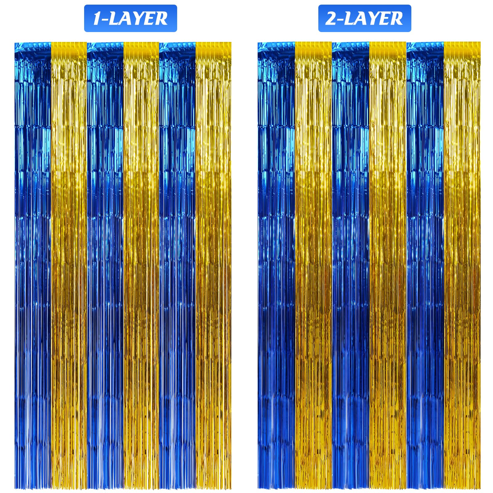 6 Pack 3.3Ft X 6.6Ft Graduation Foil Fringe Curtain Backdrop Decorations, Blue Gold Metallic Tinsel Foil Streamers Curtain Photo
