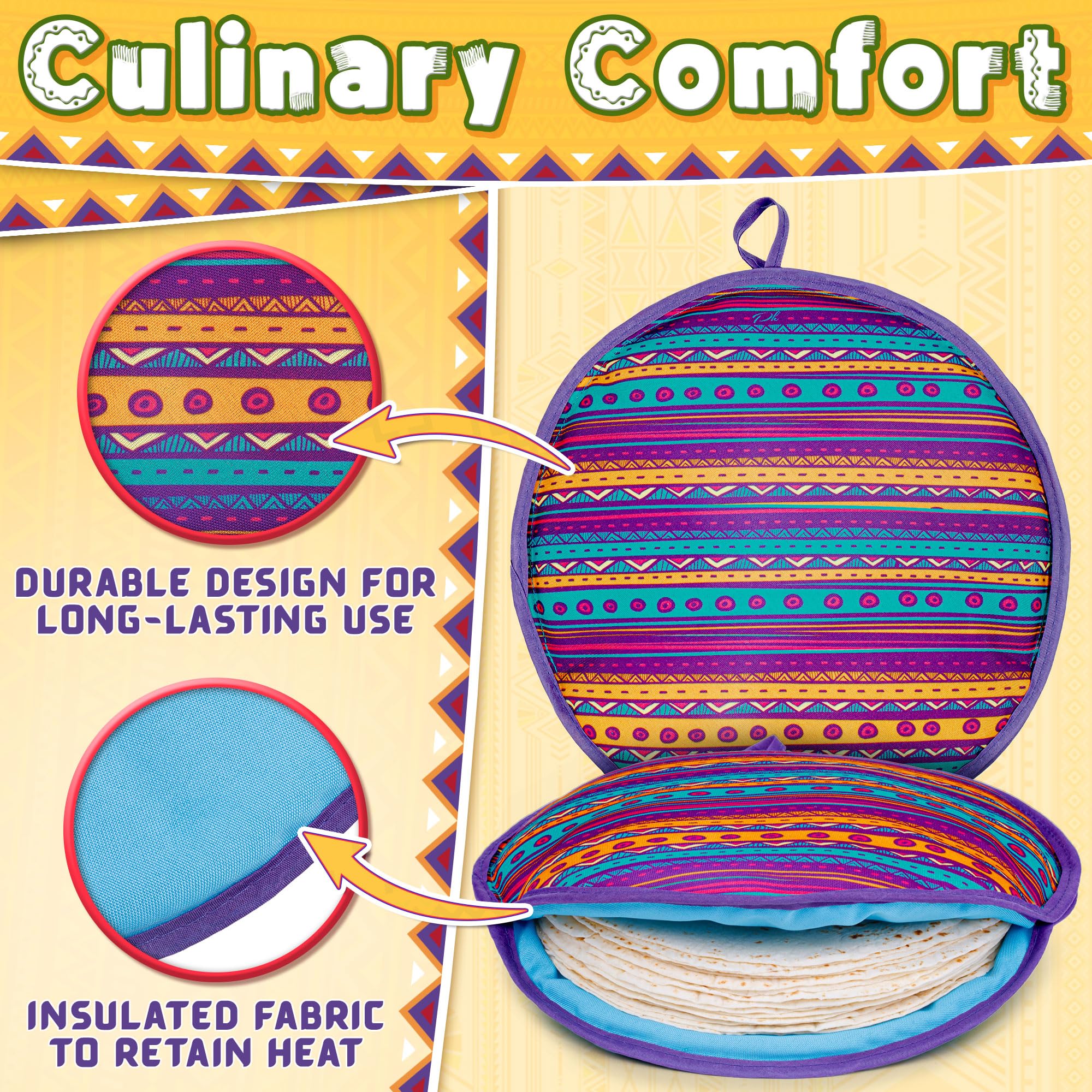 Tortilla Warmer Pouch (Multicolor, 12 Inch), Microwavable Fabric Tortilla Heater Pouch To Keep Tortillas Soft & Warm, Insulated