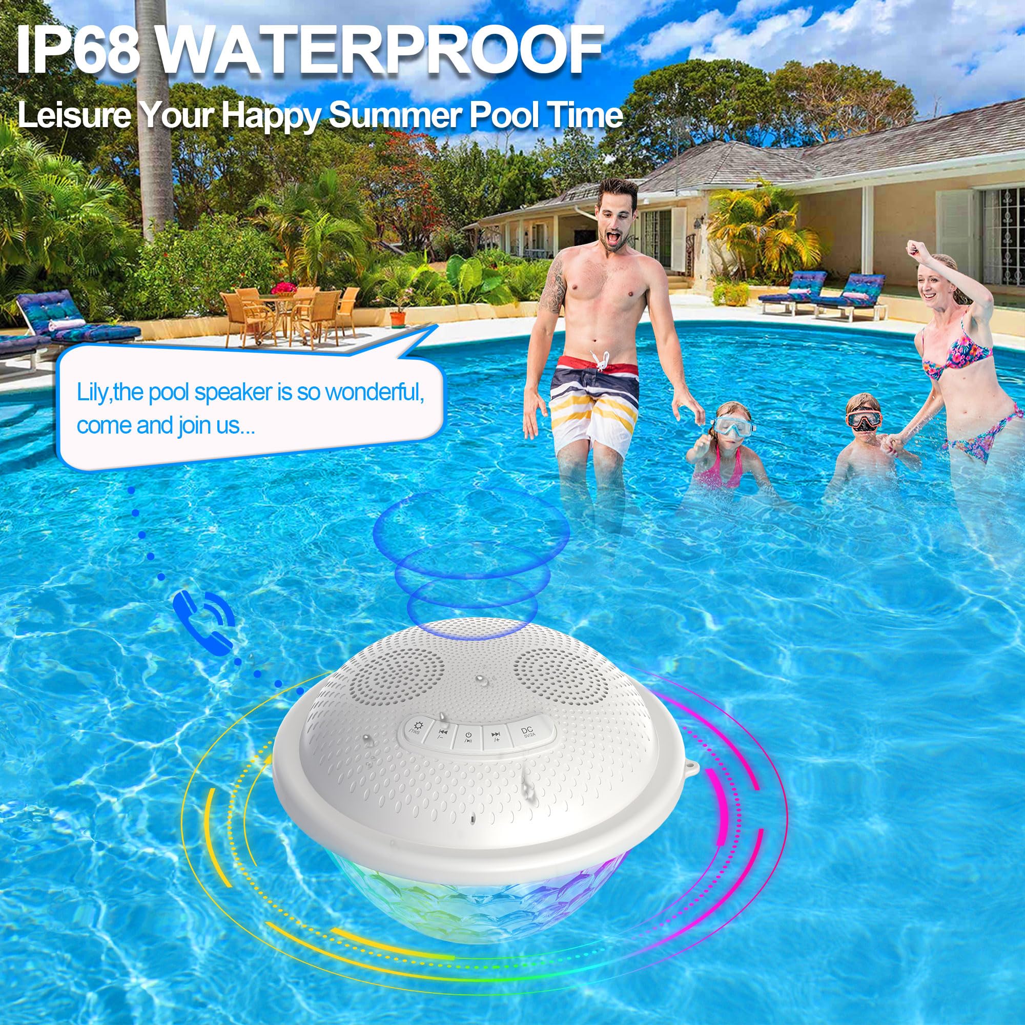 Kingsom Floating Pool Speaker,Bluetooth Pool Speaker With Led Light,Ip68 Waterproof Hot Tub Speaker,16W Loud Stereo Sound Floating Speaker,Tws Pairing,Built In Mic,Portable Wireless Speaker For Shower