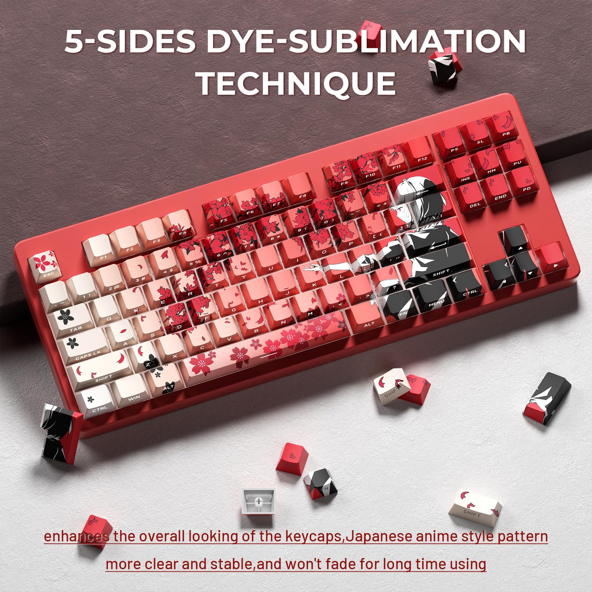 Hkfos Shine Through Pbt Keycaps, Double Shot Side Printed Keycaps,Cherry Profile Dye Sub Key Caps, Japanese Anime Keycap Set For