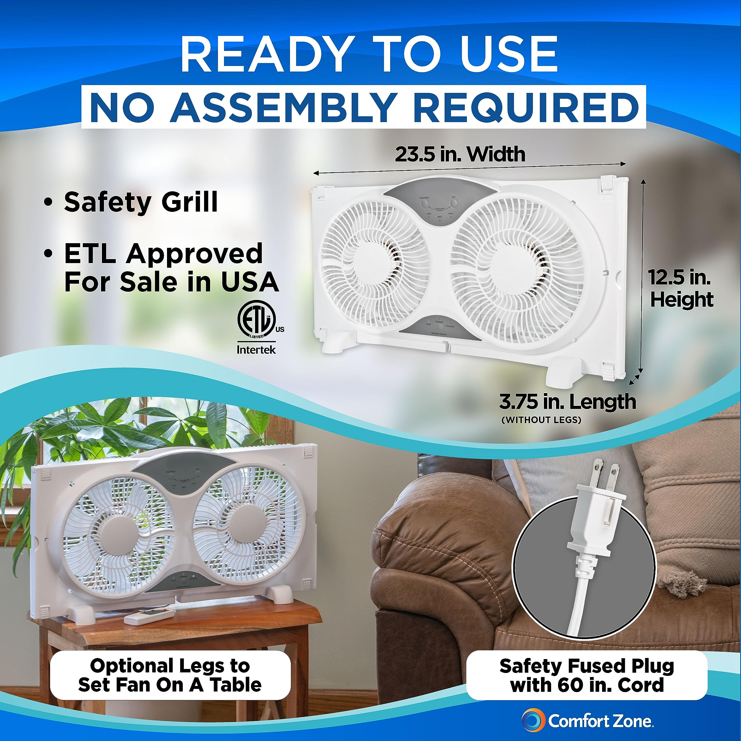 Comfort Zone 9" Twin Window Fan, 3 Speed with Wi-Fi Control, White, Model LC310SWT, Includes Fabric Cover and Bug Screen