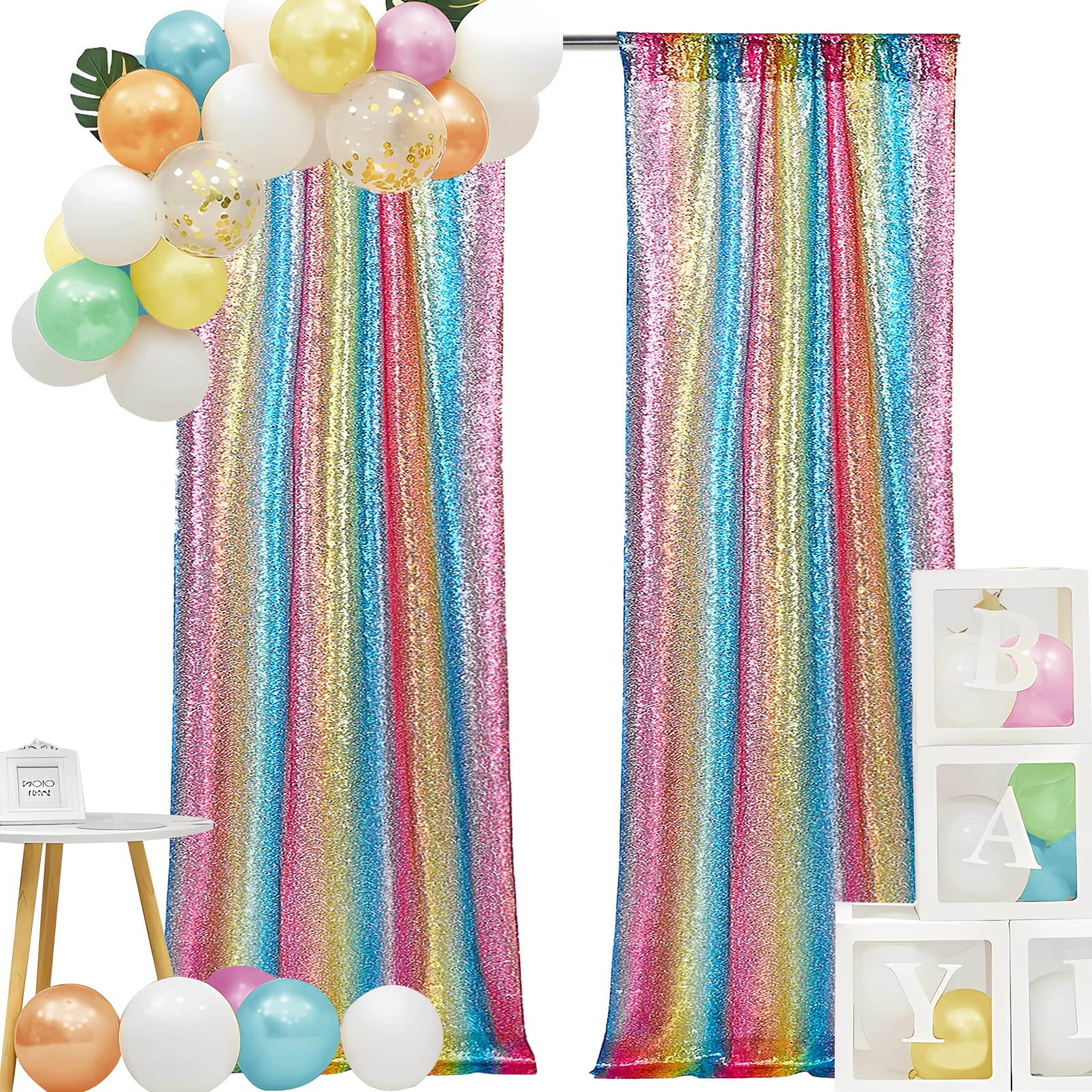 Hahuho Rainbow Sequin Backdrop Curtain, 2Pcs 2Ftx8Ft Glitter Backdrop Curtain For Parties, Christmas, Wedding, Party Decoration(