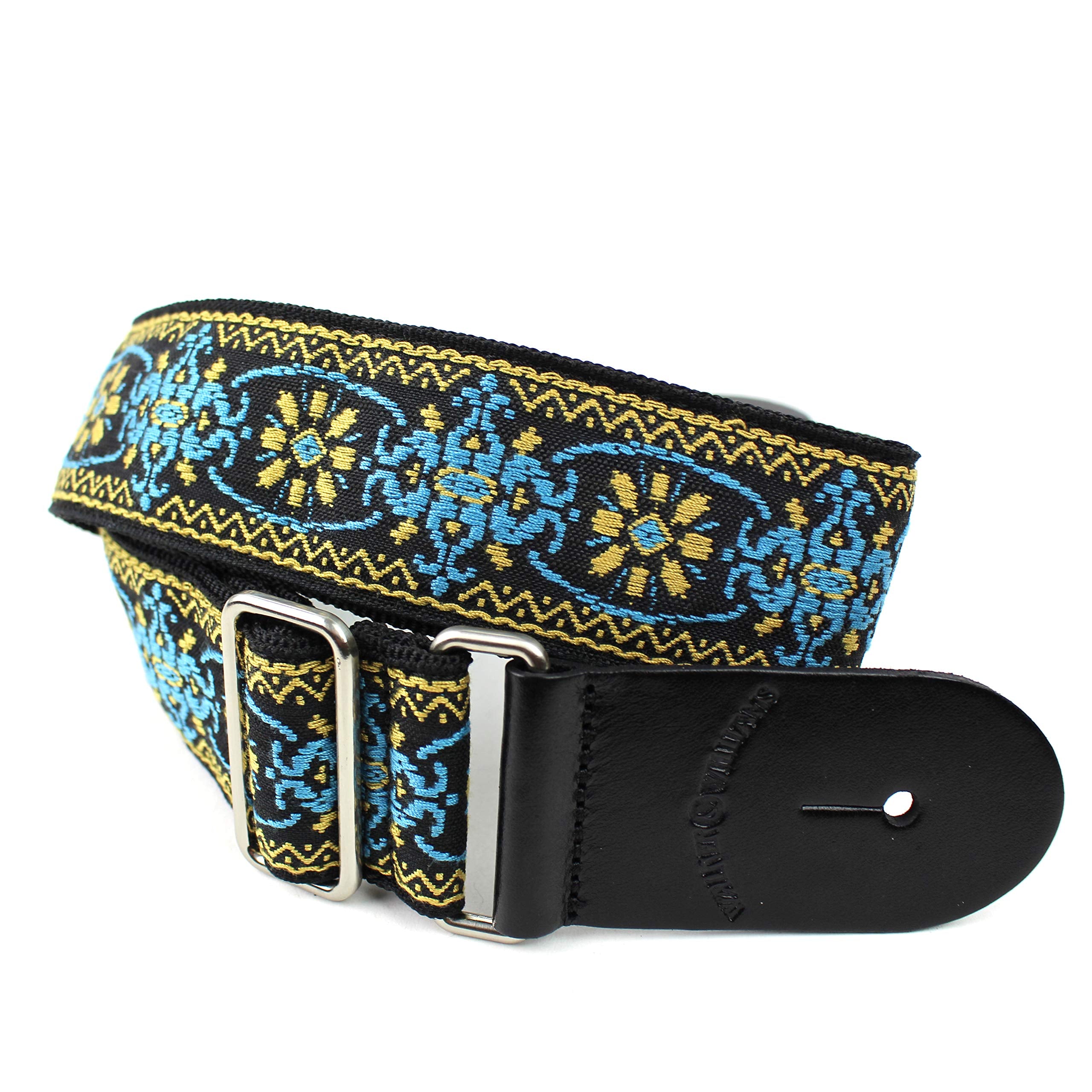 Walker & Williams H 01 Blue Woodstock Woven 60'S Style Premium Woven Guitar Strap With Thick Leather Endcaps For Acoustic, Elect