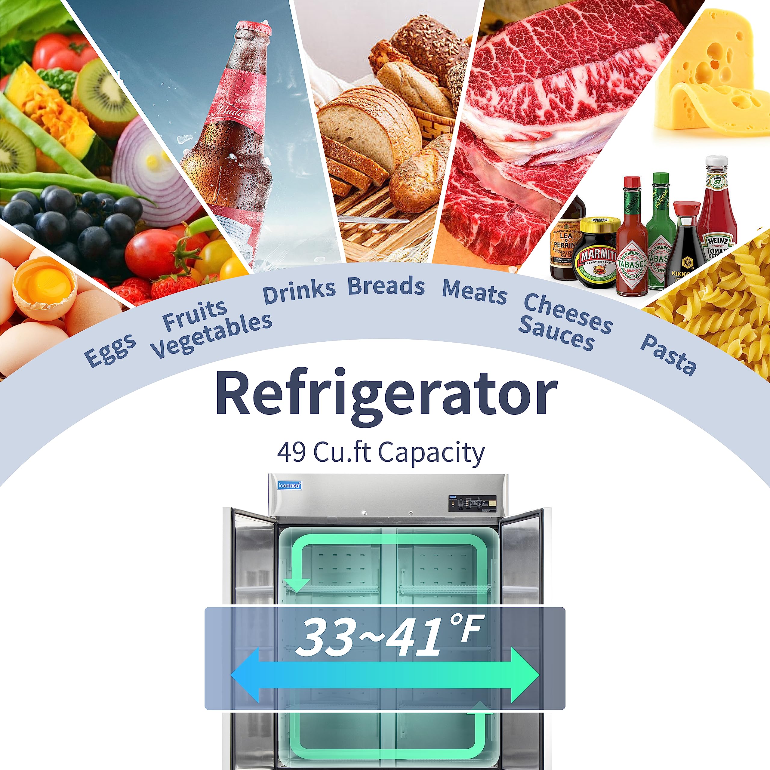 Icecasa 54  W Commercial Refrigerator Reach-In 49 Cu.Ft 2 Solid Door Stainless Steel Commercial Refrigerator Fan Cooling For Res