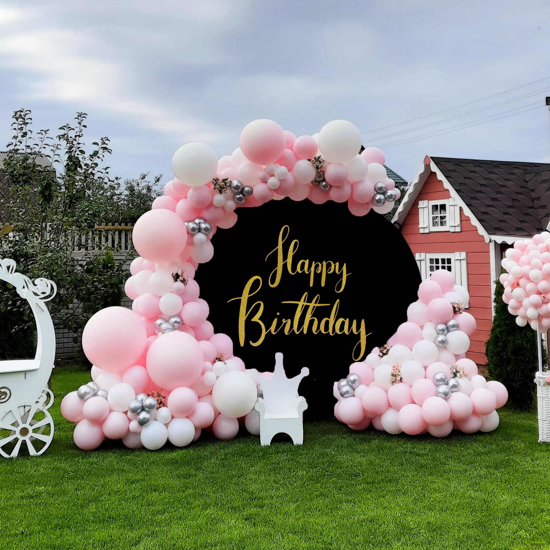 Jditngp Gold Happy Birthday Sign Round Backdrop Cover 7.2Ft,Black Round Backdrop Cover Happy Birthday Decoration Supplies Party