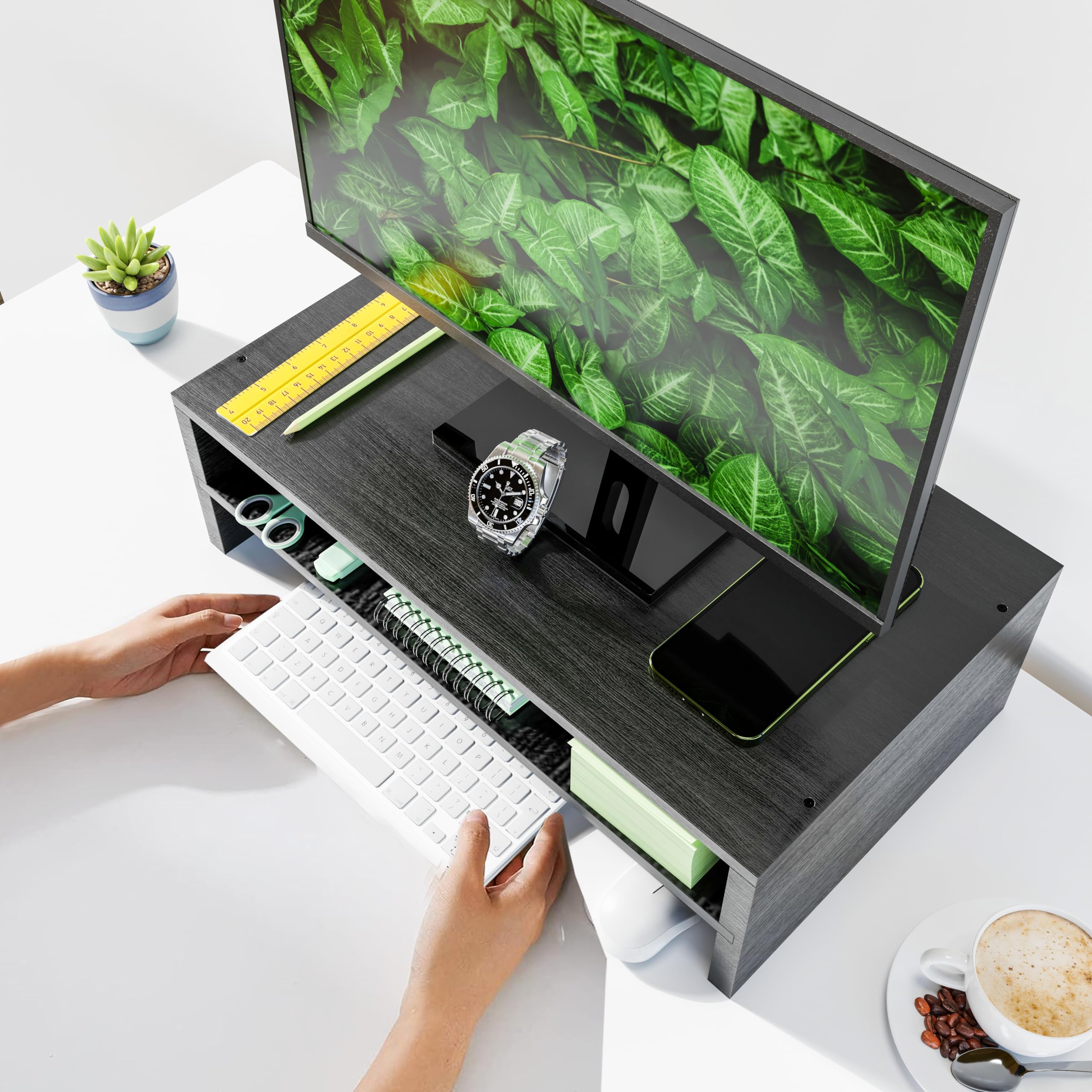 Monitor Stand Riser, 2 Tier Wood Office Desk Storage Organizer For Laptop, Computer