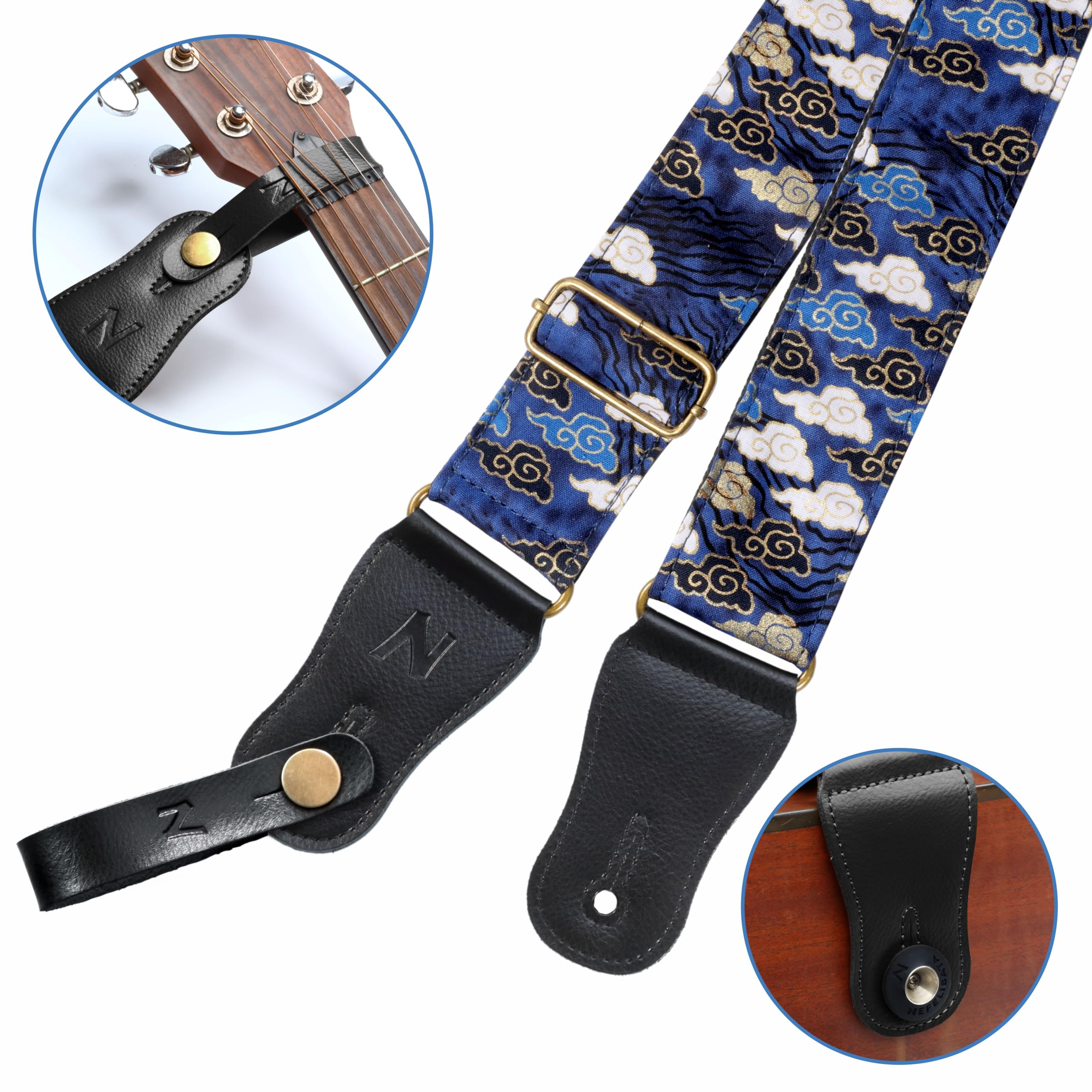 Nefelibata Japanese Cotton Guitar Strap For Acoustic Guitar, Ukulele, Free Headstock Strap Adapter With Buckle, Guitar Picks And