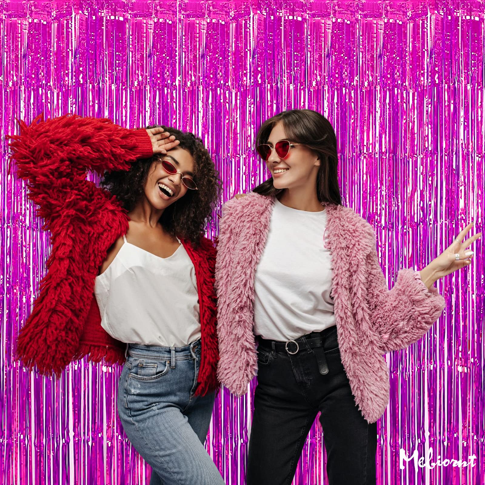 4 Pack Fuchsia Fringe Curtain Backdrop, 3.2Ft X 8.2Ft Metallic Tinsel Foil Fringe Streamers Curtains Background For Photo Booth