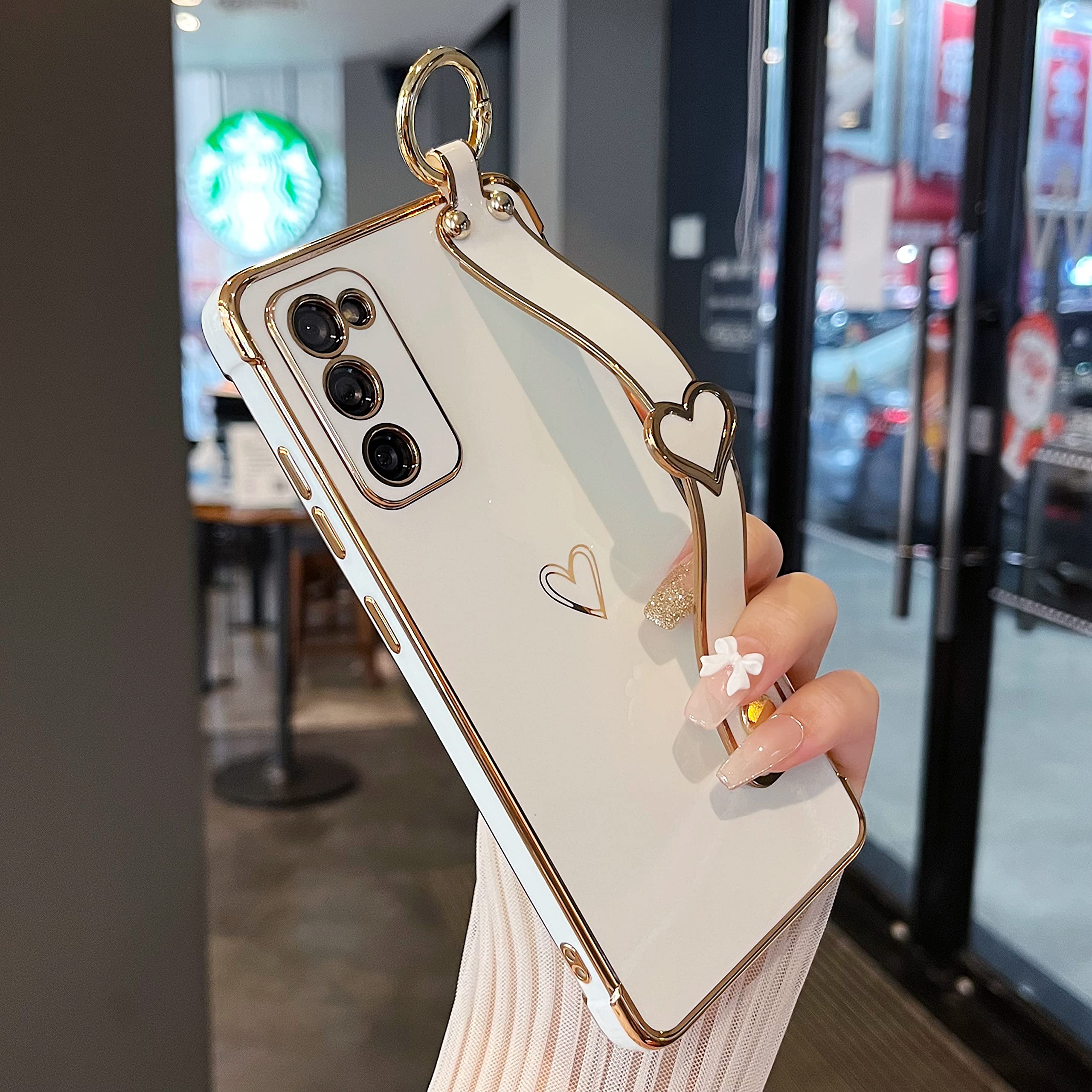 Ztofera Designed For Samsung Galaxy S20 Fe 5G Case,Luxury Plating Edge Love Hearts Pattern With Wristband Kickstand Camera Lens