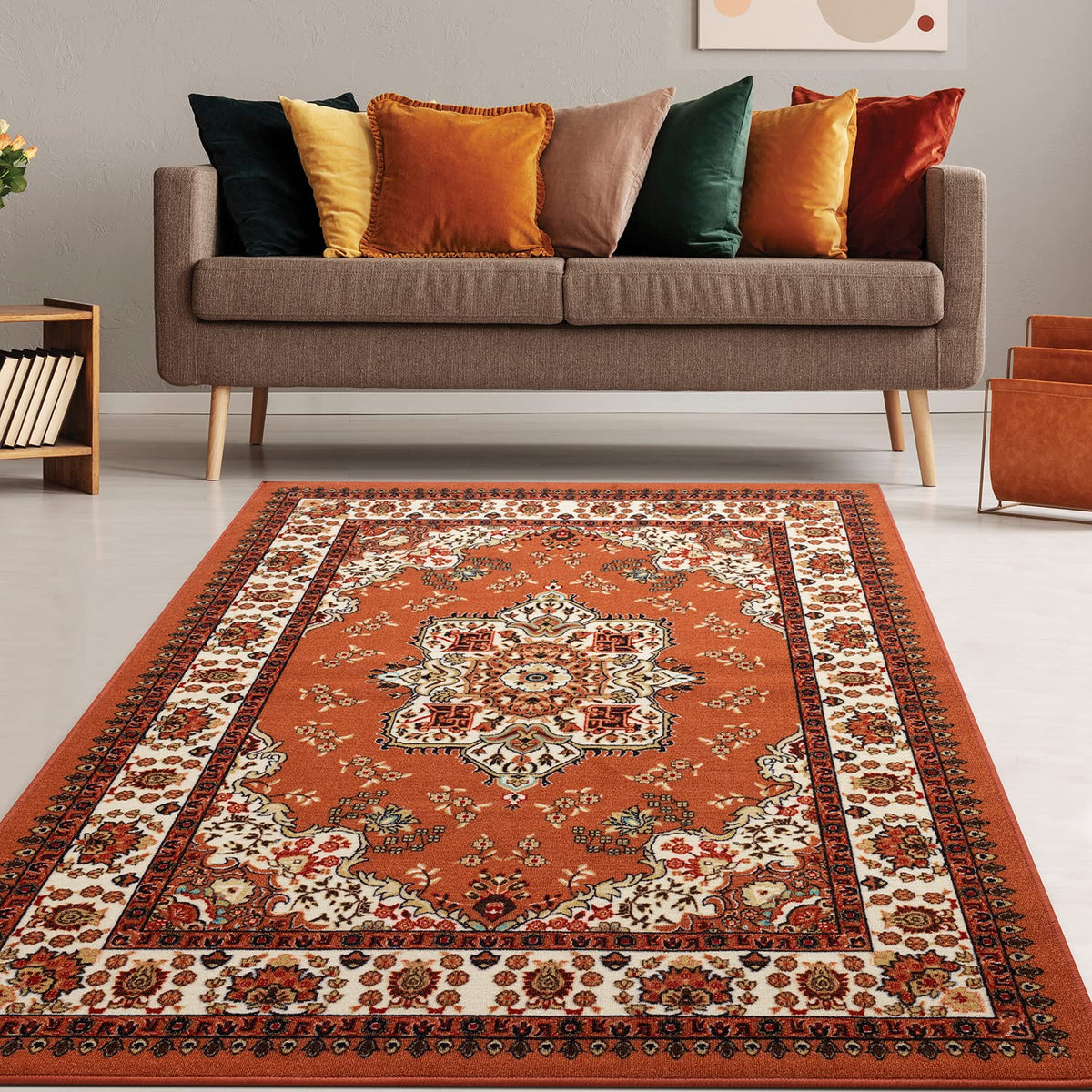 Antep Rugs Alfombras Oriental Traditional 4X6 Non Skid (Non Slip) Low Profile Pile Rubber Backing Indoor Area Rugs (Rust Brown,