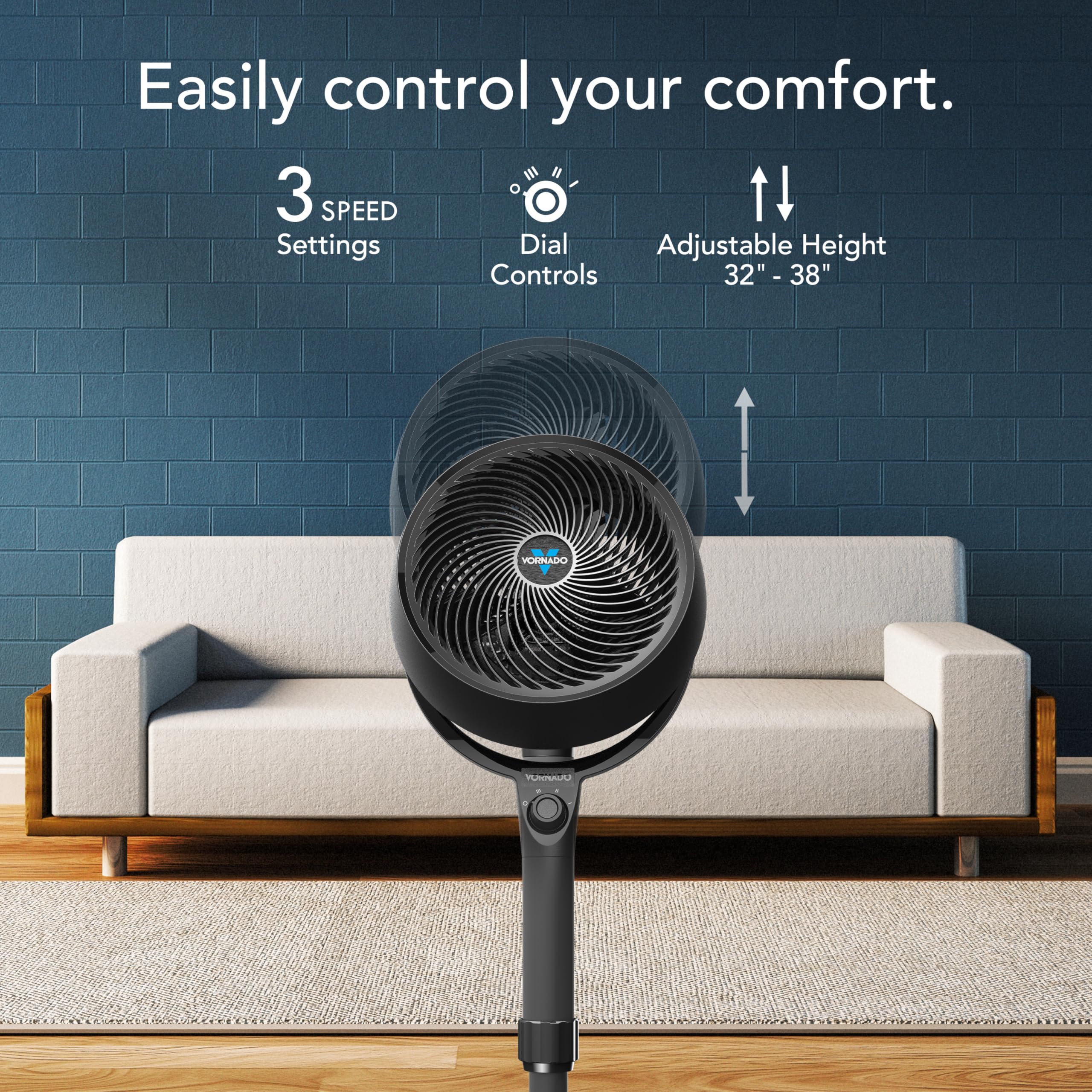 Vornado 683 Medium Pedestal Whole Room Air Circulator Fan, 3 Speed Control, Adjustable Standing Height, 32 To 38 Inches, Black
