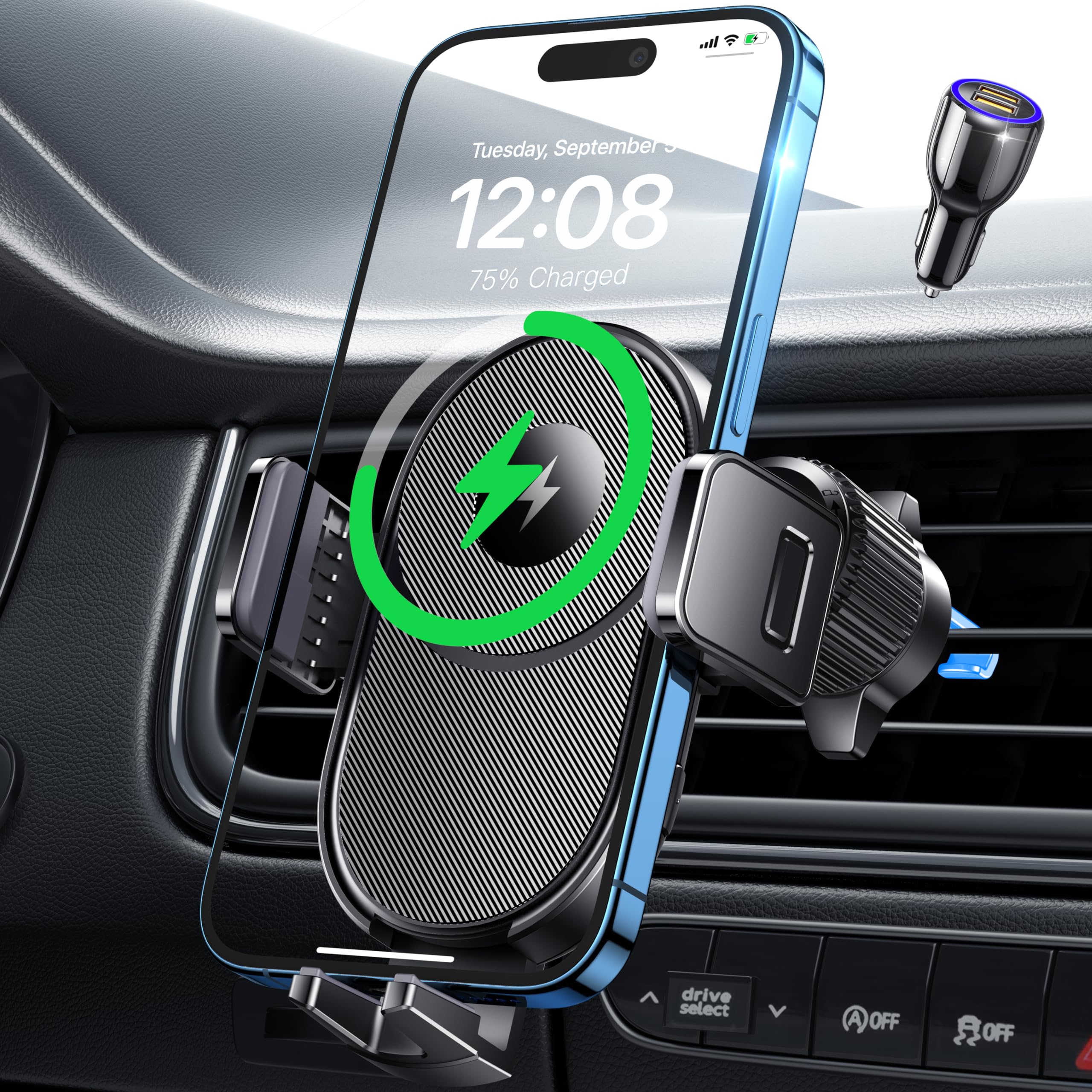 Wireless Car Charger, 15W Fast Charging Auto Clamping Car Phone Holder Wireless Charger Air Vent Car Phone Mount Fit For Iphone 
