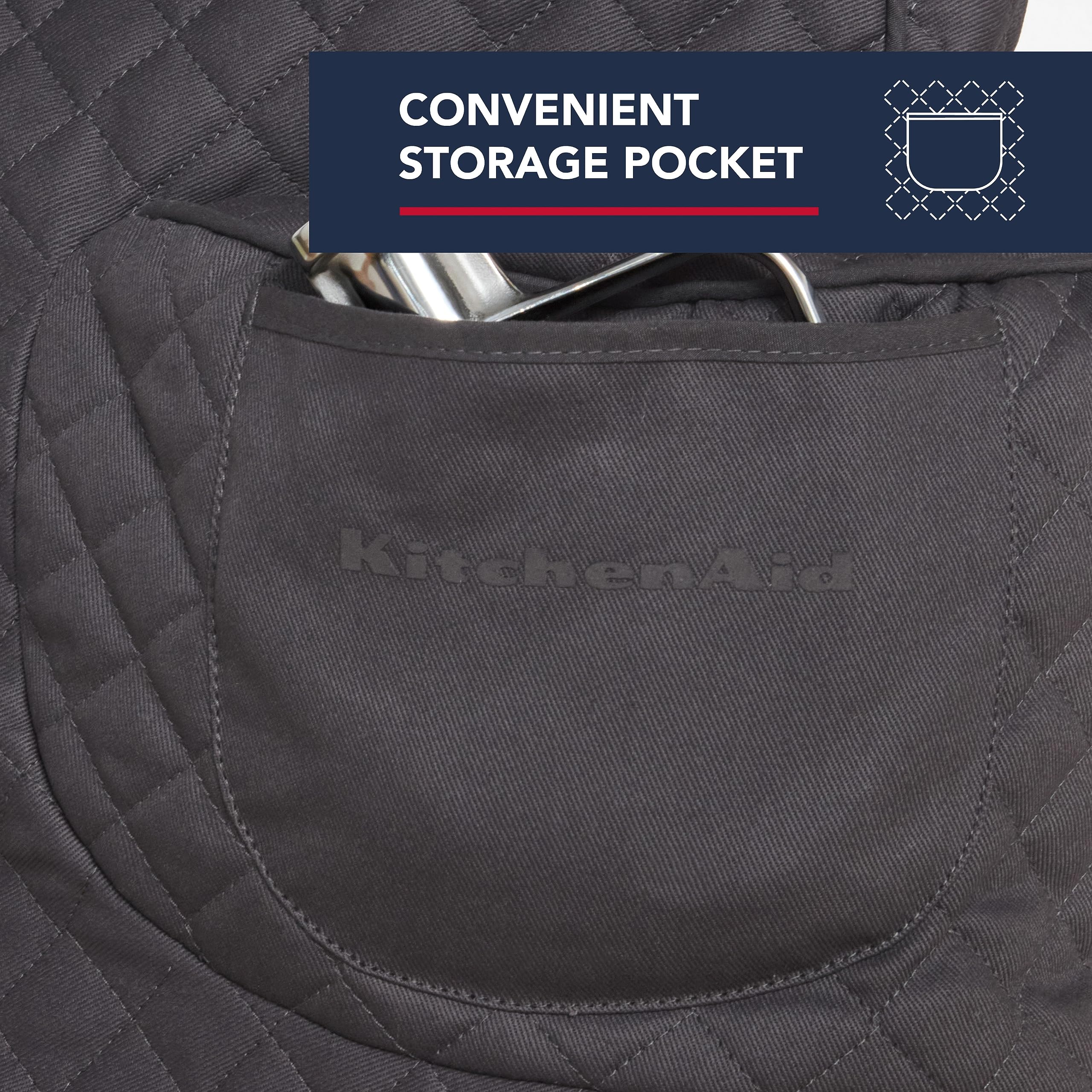 Kitchenaid Fitted Tilt Head Solid Stand Mixer Cover With Storage Pocket, Quilted 100% Cotton, Charcoal Grey, 14.4''X18''X10''