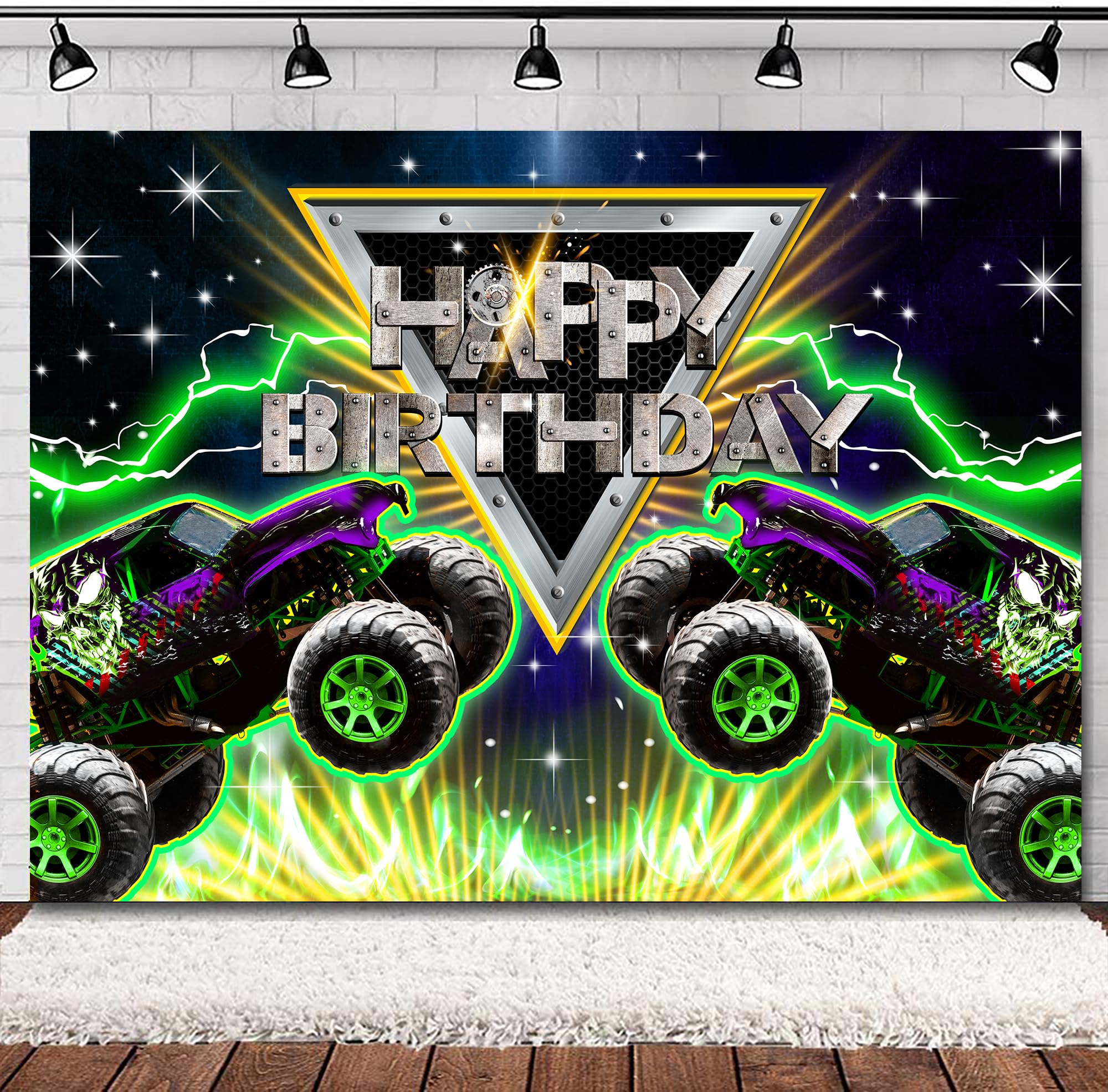 Svbright Truck Birthday Backdrop 7Wx5H Monster Green Car Grave Digger Birthday Party Light Racing Car Vehicle Jam Boys Decoratio