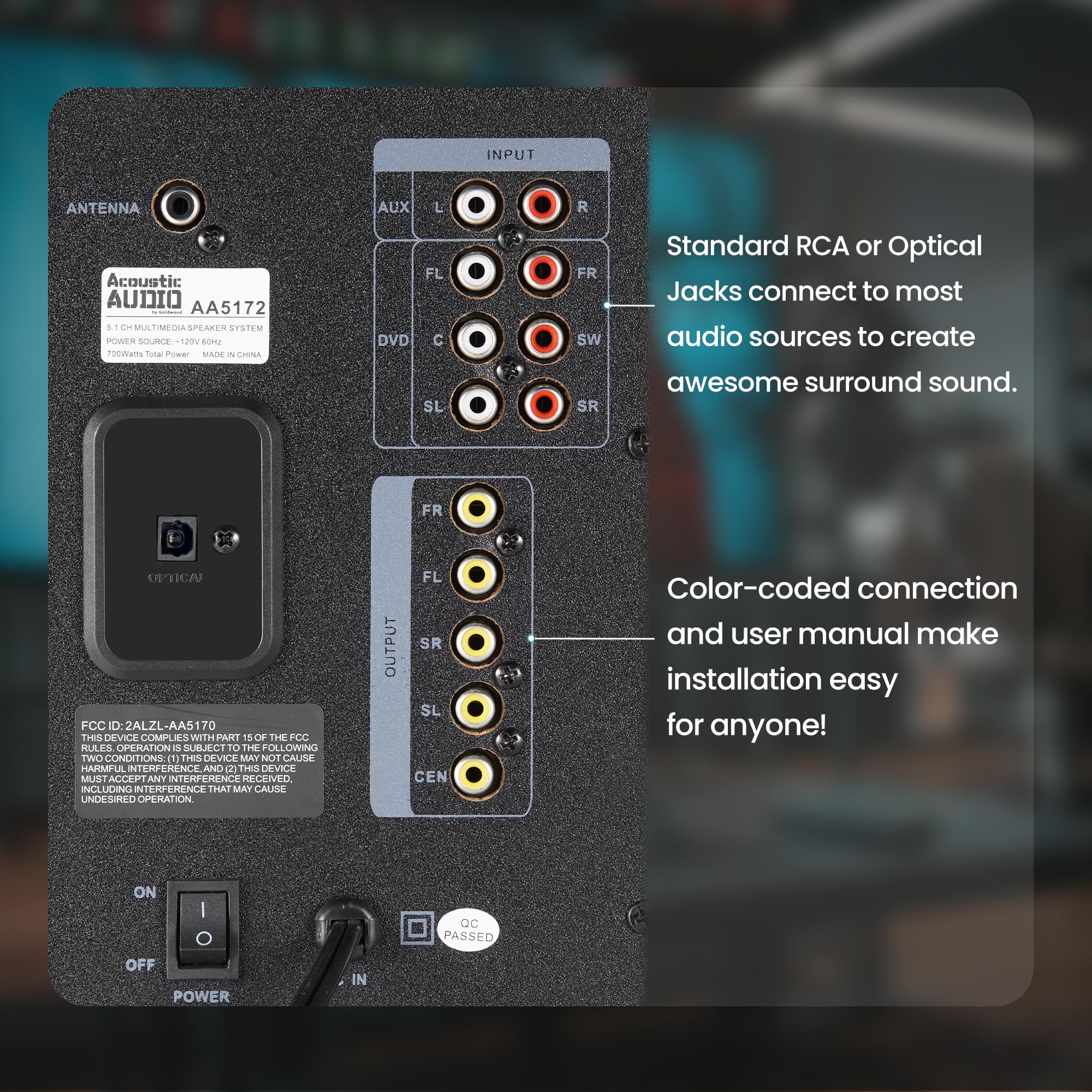 Acoustic Audio Aa5172 700W Bluetooth Home Theater 5.1 Speaker System With Fm Tuner, Usb, Sd Card, Remote Control, Powered Sub (6