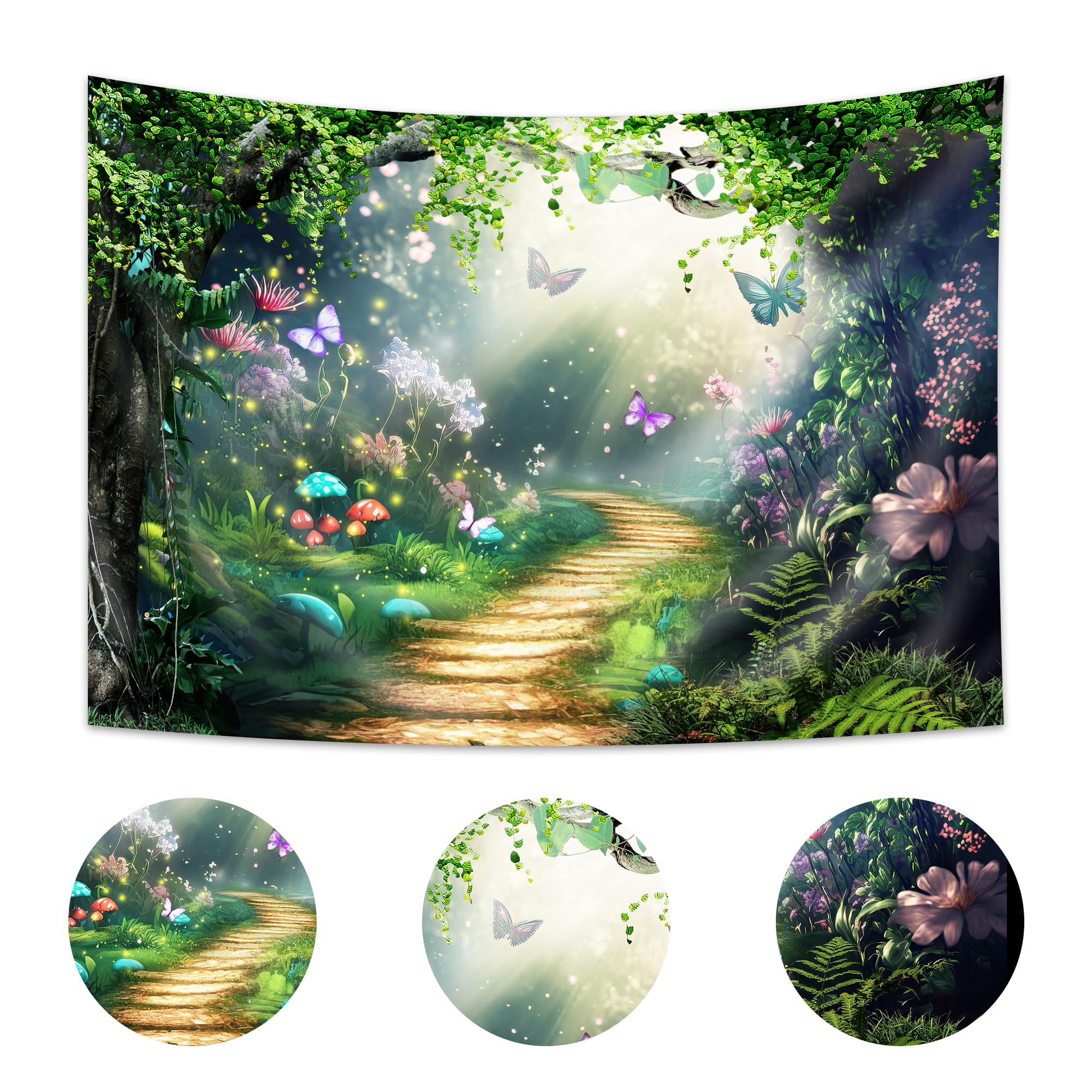 Imirell Fairy Tale Backdrop 7Wx5H Feet Enchanted Woodland Green Spring Butterfly Flower Yellow Brick Road Polyester Fabric Princ