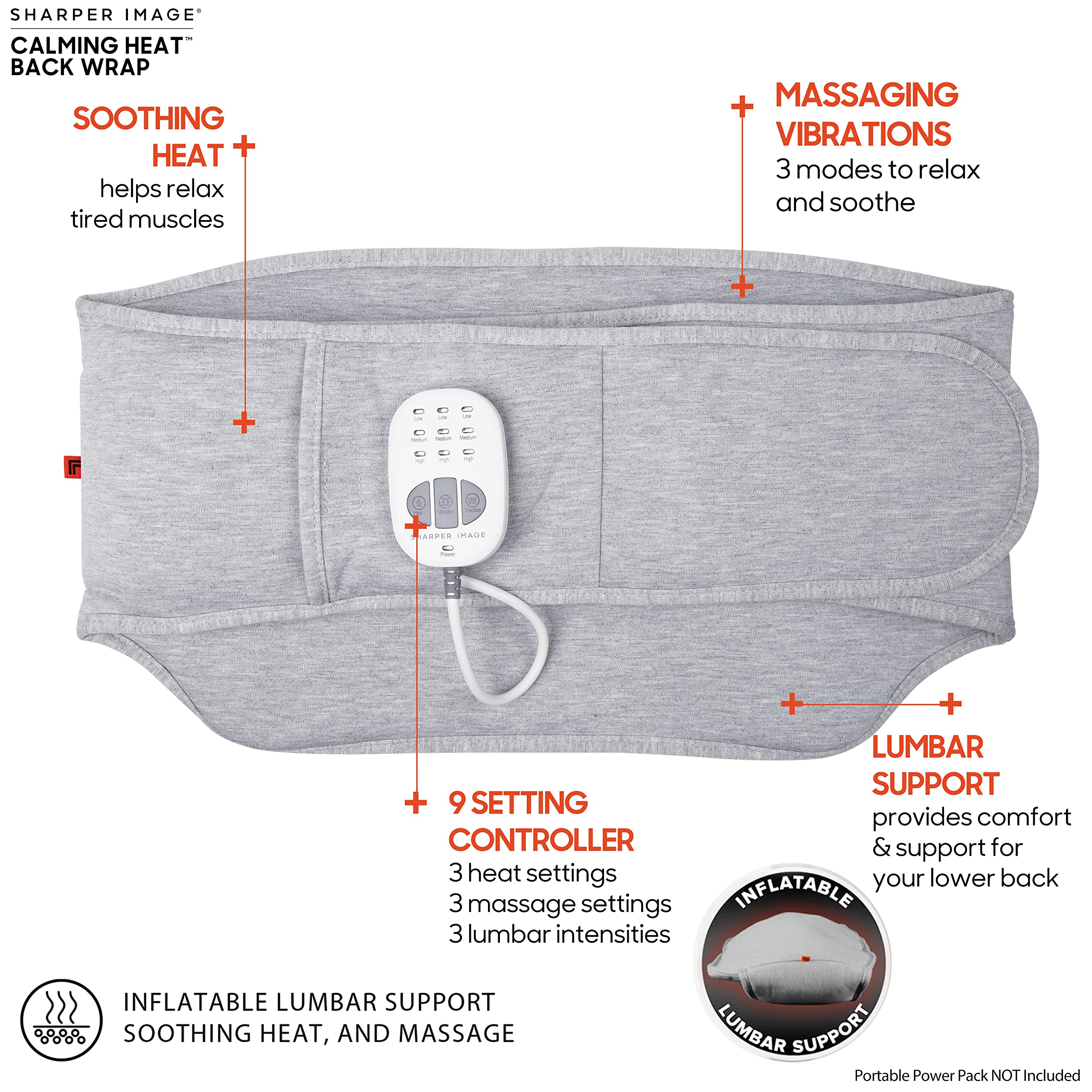 Calming Heat Back Wrap By Sharper Image  Electric Back Heating Pad With Customizable Inflatable Lumbar Support, Soothing Heat, &