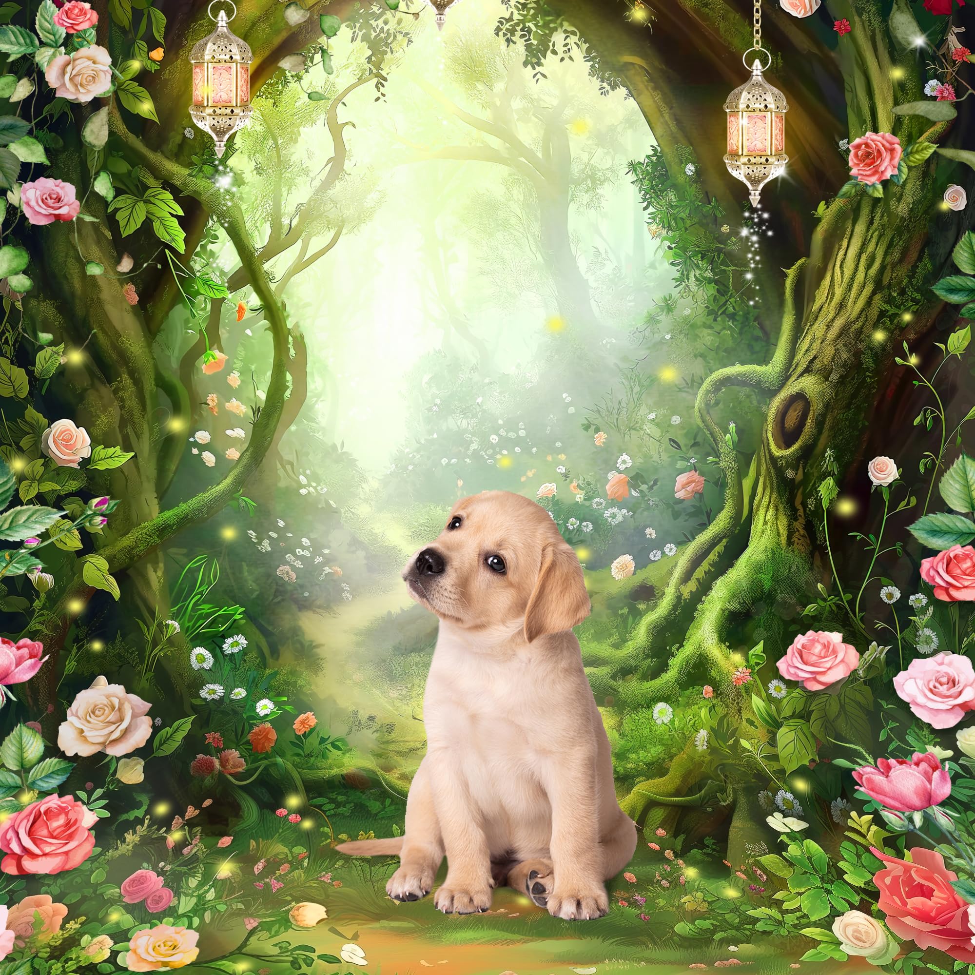 Riyidecor Enchanted Fairy Backdrop Polyester Fabric Greenery Woodland Tale Wonderland Flower Rose Fantasy Spring Nature Tree 5Wx