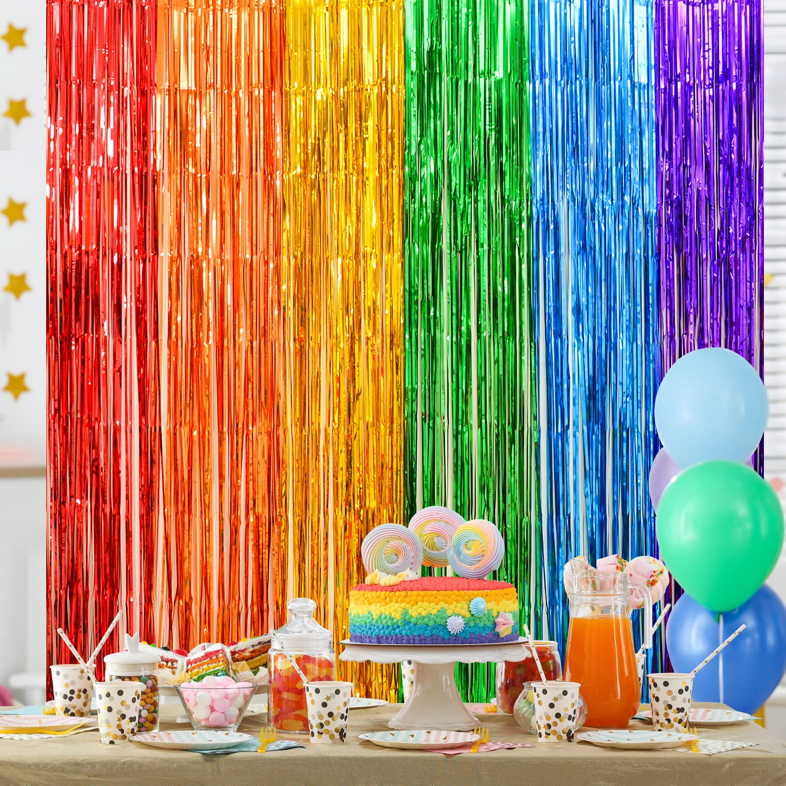 Lolstar Rainbow Photo Booth Props 4 Packs Rainbow Party Decorations 13.2X6.6 Ft Foil Fringe Curtains Tinsel Metallic Streamers H