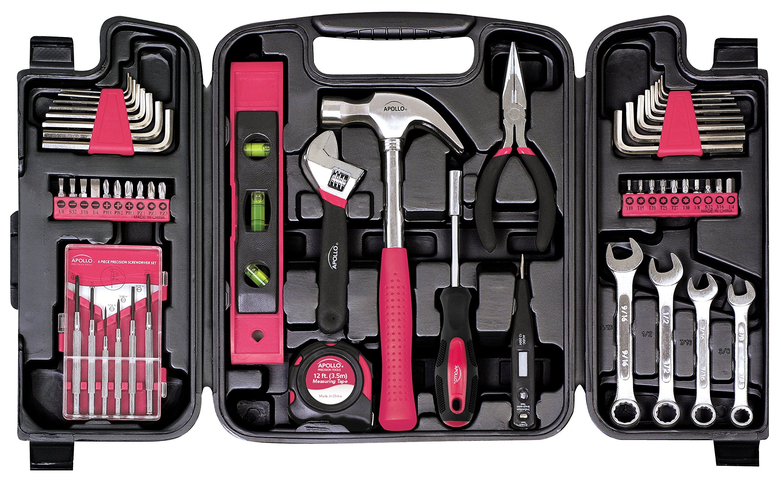 Apollo Tools DT9408P 53 Piece Household Tool Set with Wrenches, Precision Screwdriver Set and Most Reached for Hand Tools, Pink,