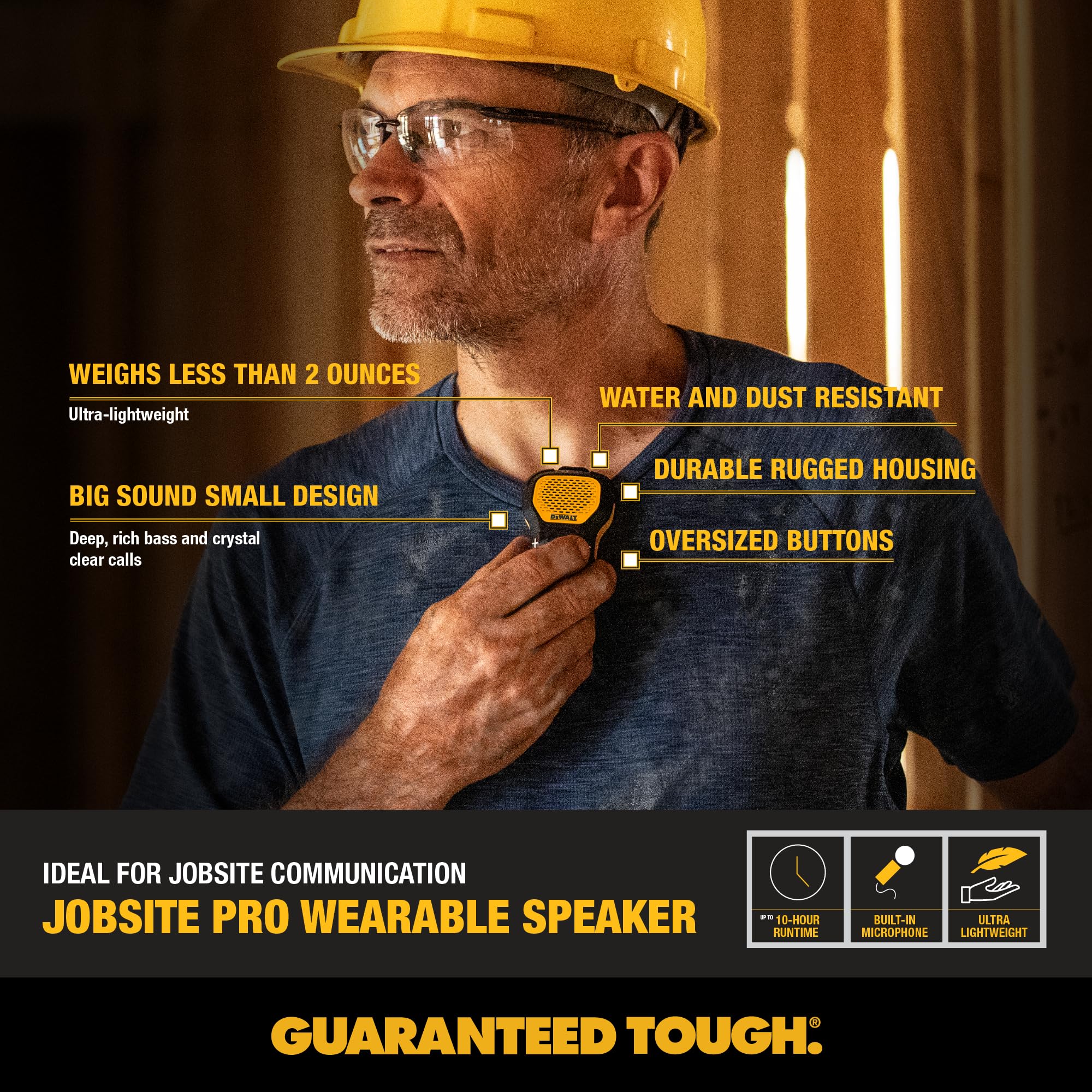 Dewalt Wearable Bluetooth Speaker (Updated Version), Clip On Wireless Jobsite Pro Water Resistant Portable Speaker (Non Magnetic), Built In Mic For Hands Free Music/Calls, Bluetooth Speaker (Yellow)