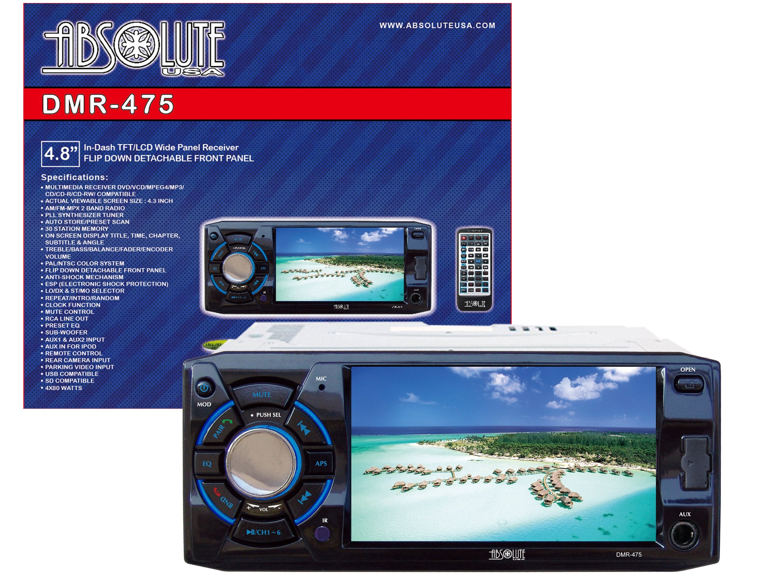 Absolute Usa Dmr 475 4.8 Inch Dvd/Mp3/Cd Multimedia Player Widescreen Receiver With Usb, Sd Card And Detachable Front Panel
