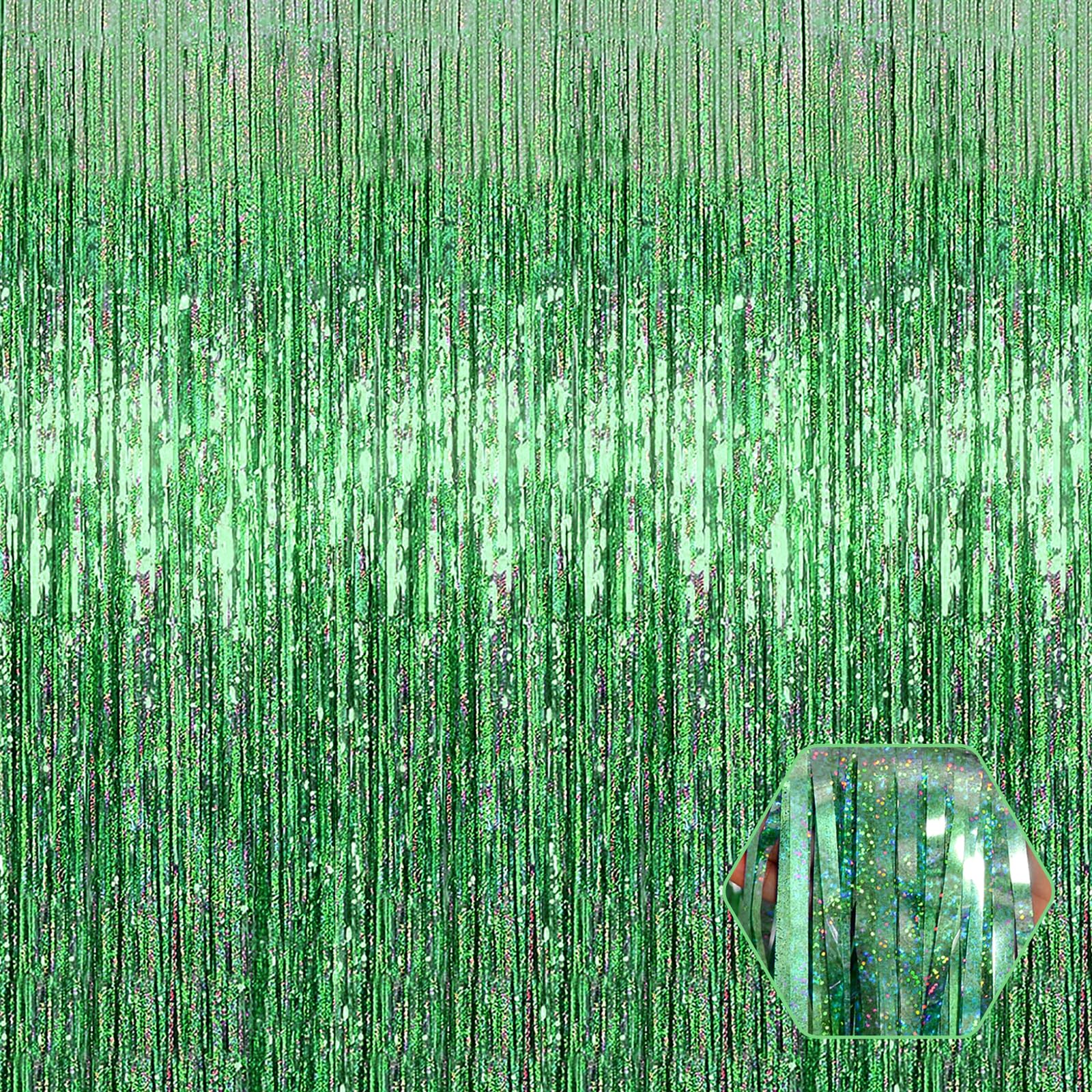 3 Pack Light Green Foil Fringe Curtain Backdrop, 3.28Ft X 8.2Ft Metallic Tinsel Foil Fringe Streamer Curtains For Photo Booth, V