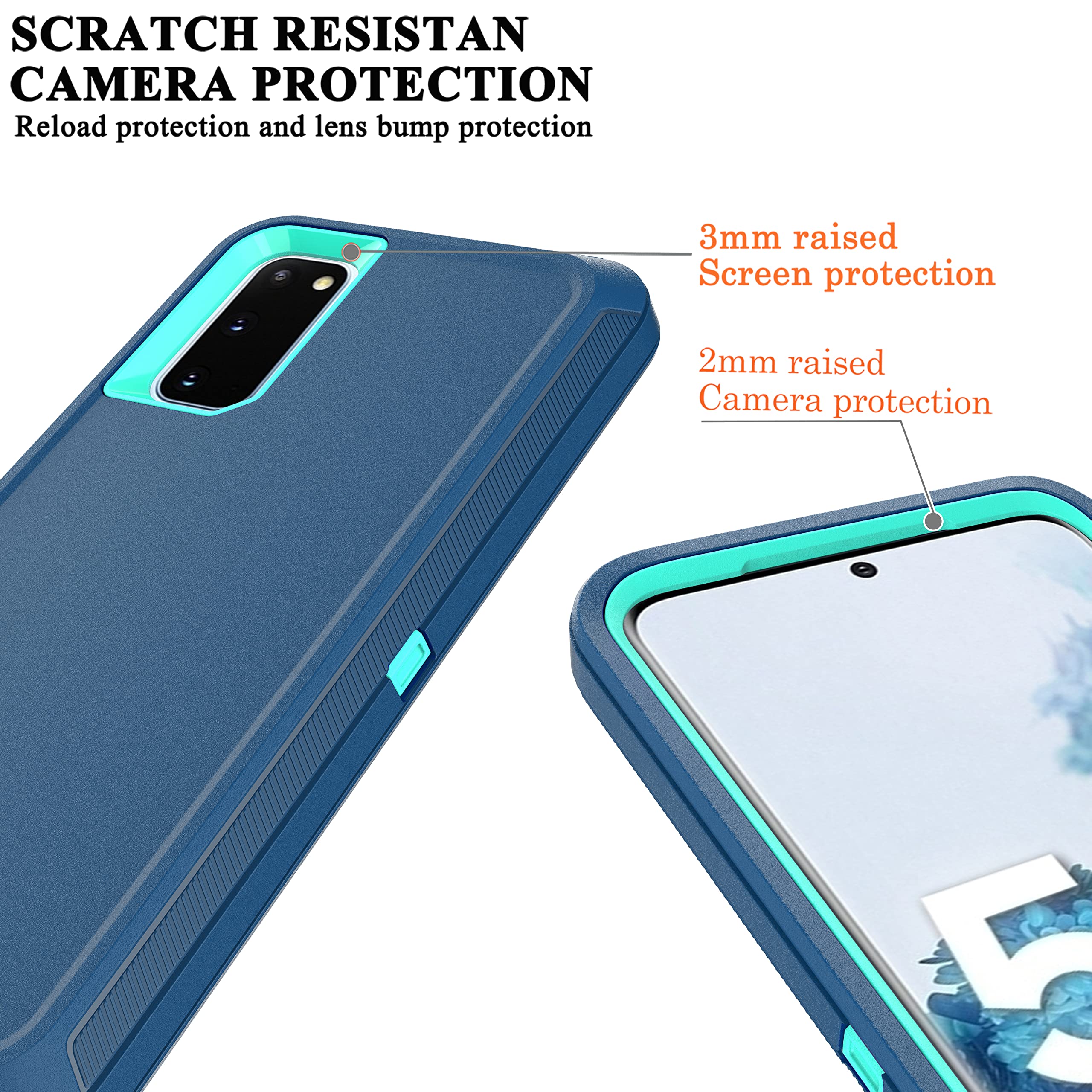 YmhxcY Phone Case for Samsung Galaxy S20 5G Drop Proof 3-Layer Durable Cover Polycarbonate Blue Turquoise with Screen & Lens Protectors