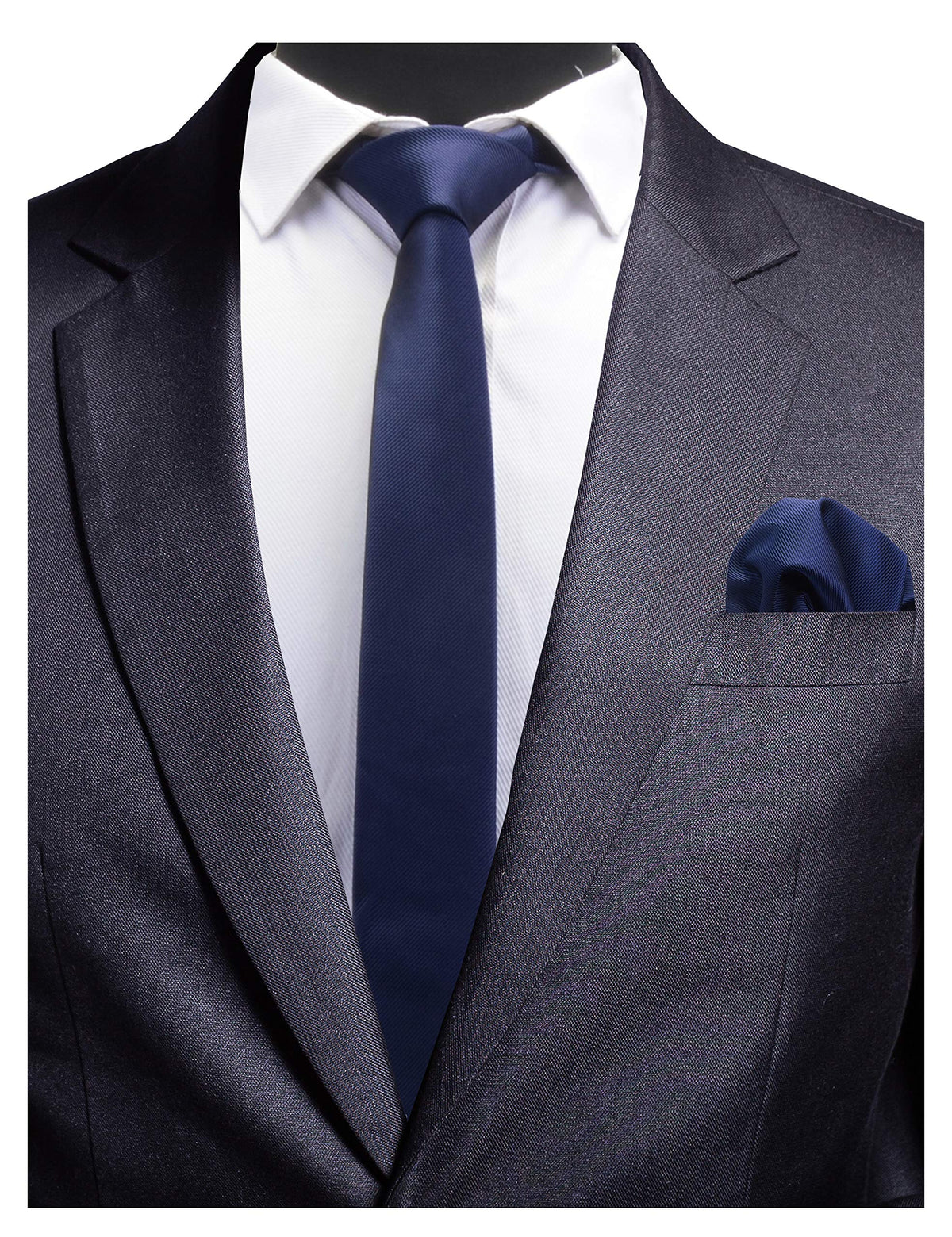 Gusleson 24 Slim Necktie And Handkerchief Set For Men Solid Navy Skinny Tie (0754 03)