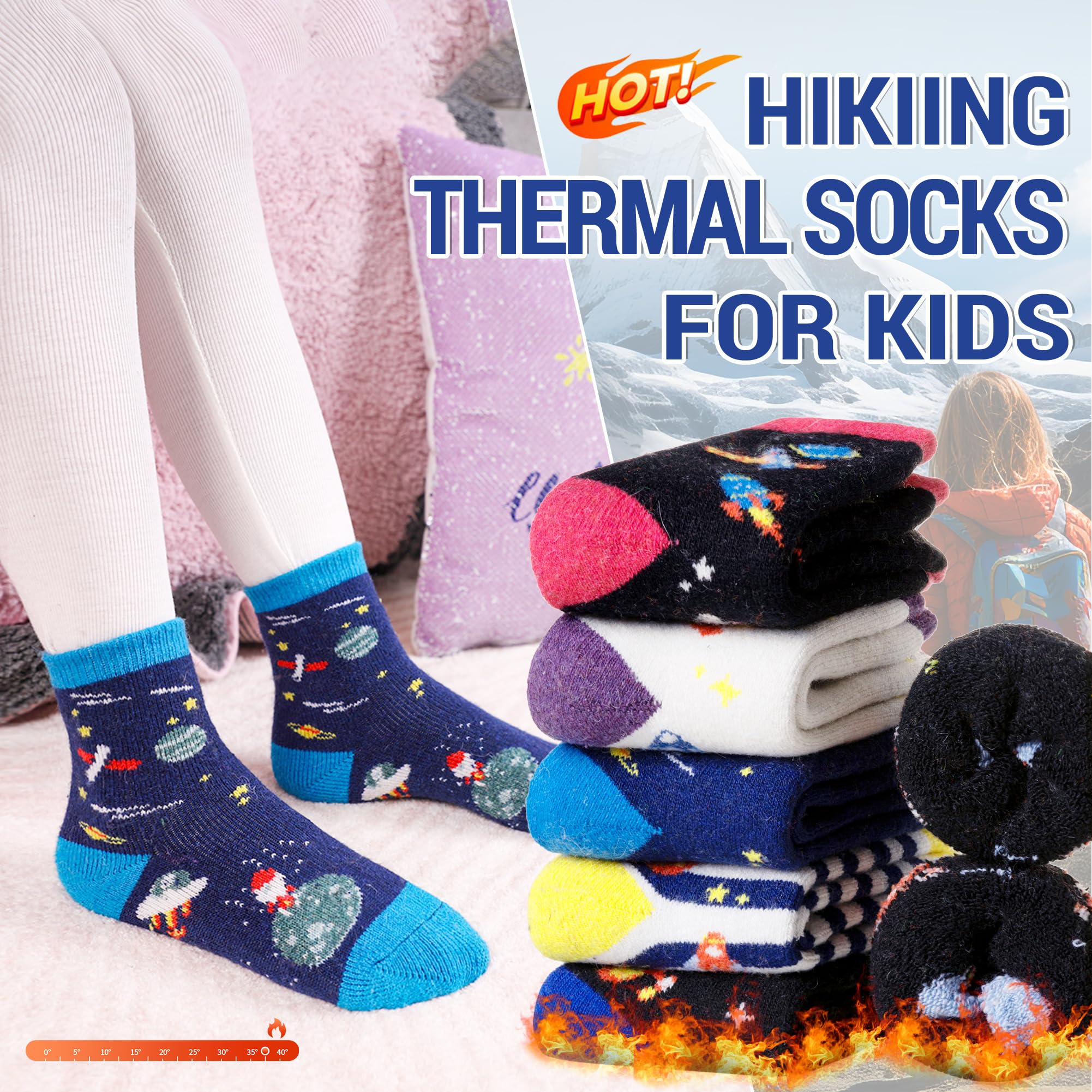 Eocom 6 Pairs Childrens Winter Warm Wool Socks Kids Toddlers Boys Girls Thermal Thick Boot Cozy Crew Socks (4 7 Years, Space)