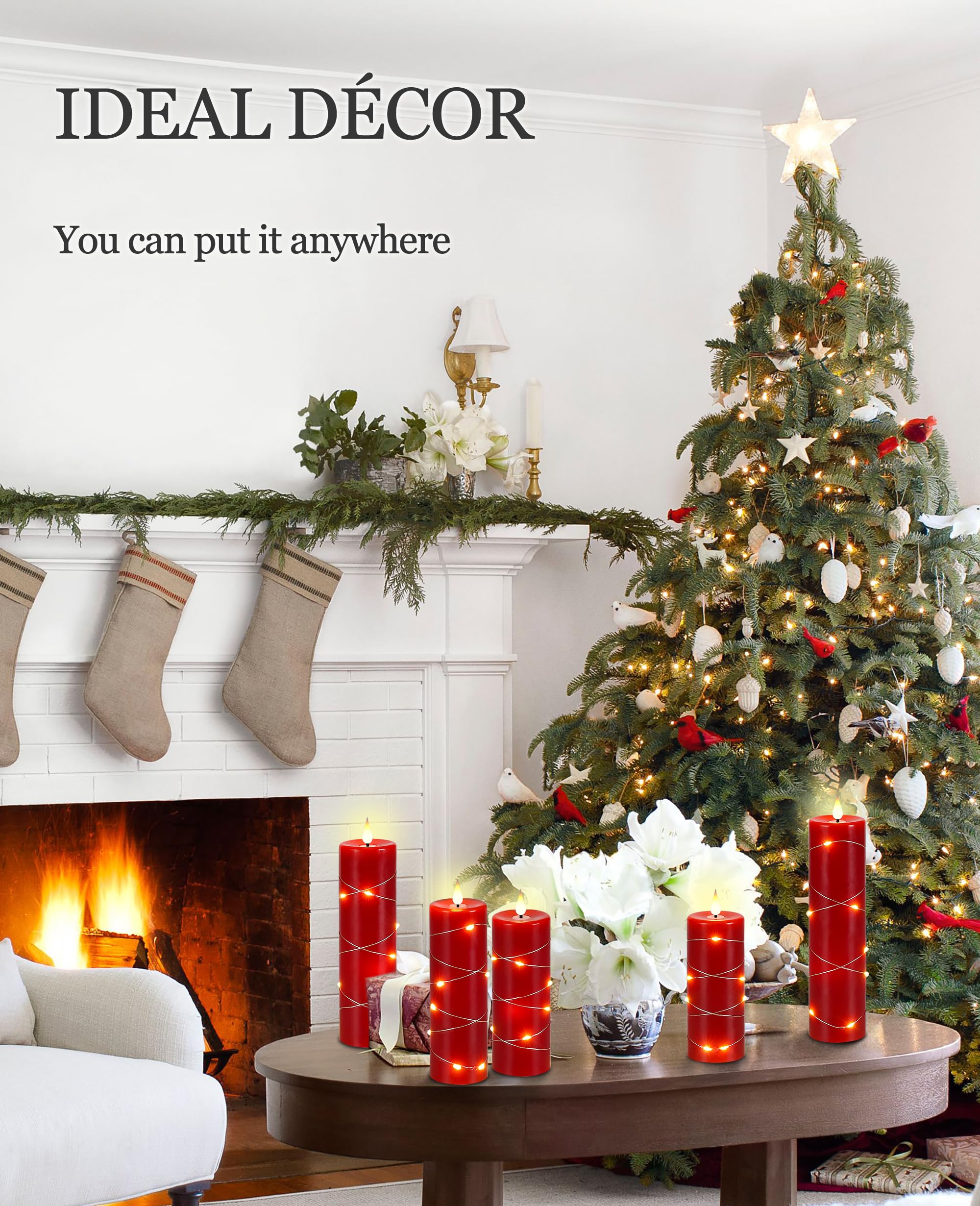 Kiexung Red Flameless Candle Fairy String Lights, Premium Led Flickering Flame Simulation, Led Candle With Remote & Timed, 5 Cel