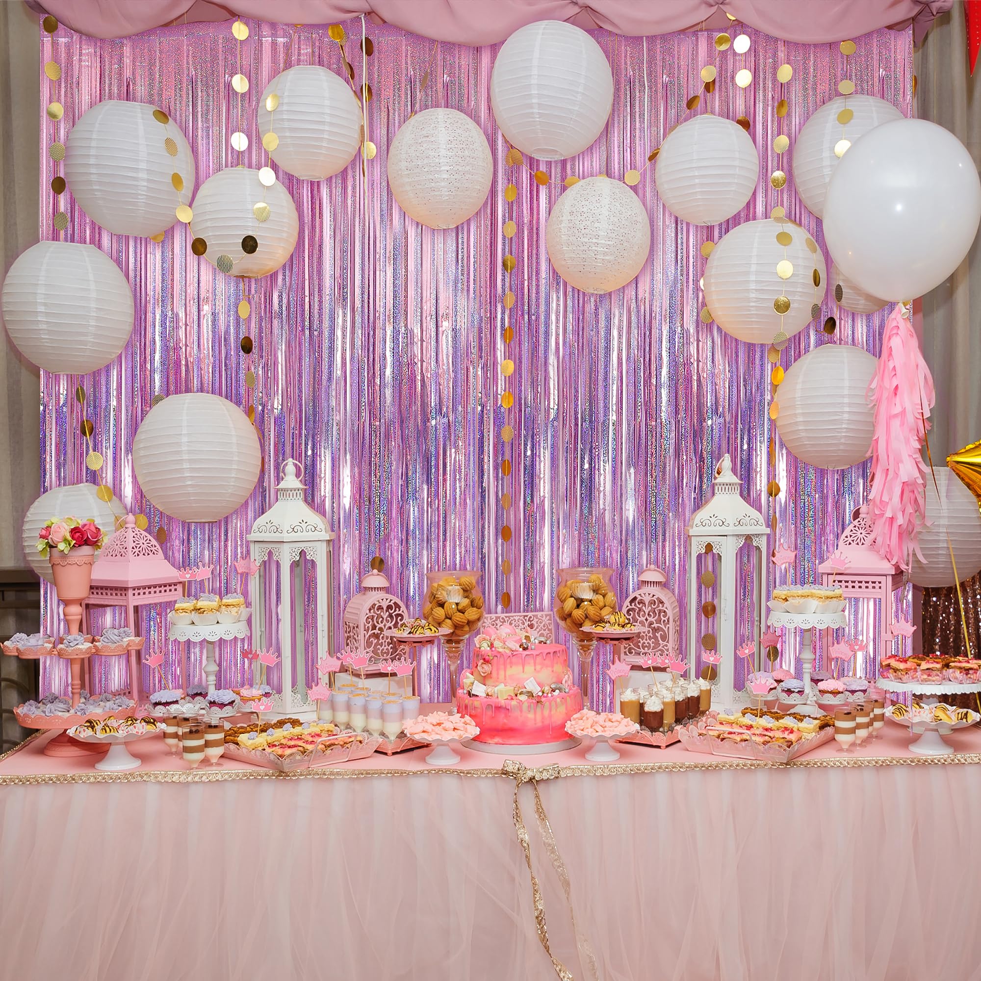 Crosize 3 Pack 3.3 X 9.9 Ft Pink Foil Fringe Backdrop Curtain, Streamer Backdrop Curtains, Streamers Birthday Party Decorations,