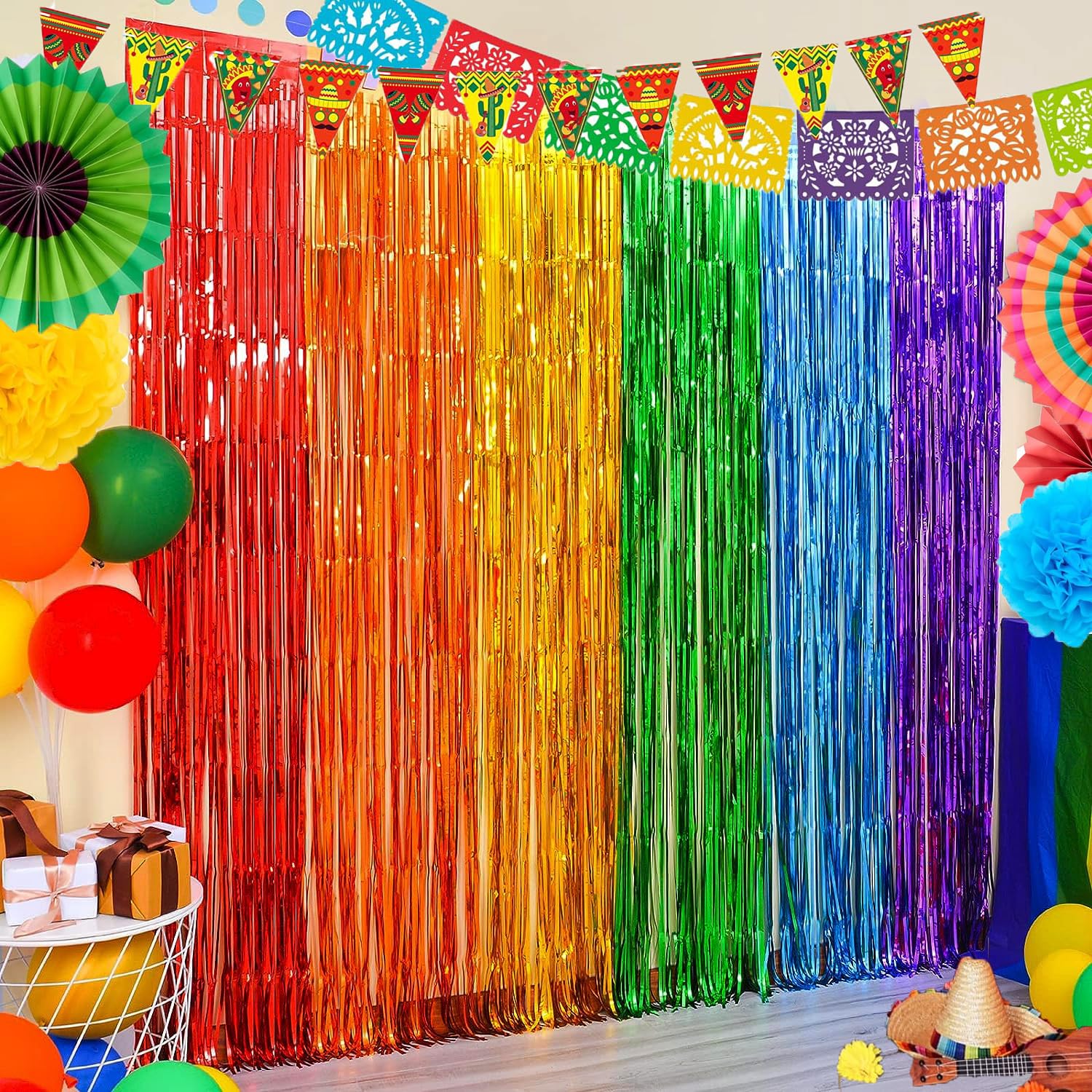 Rainbow Foil Fringe Backdrop Curtains Tinsel Streamers Fiesta Mexican Themed Birthday Party Decorations Fringe Backdrop For Grad