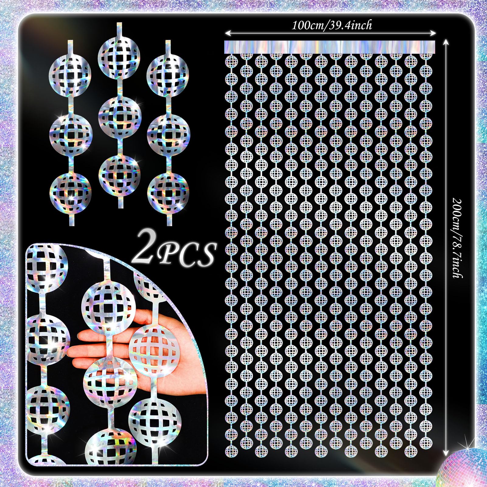 Blosssound 2 Pcs Disco Ball Backdrop 3.3 X 6.6 Ft 70S Party Backdrop Decorations Iridescent Disco Foil Fringe Curtains Disco Par