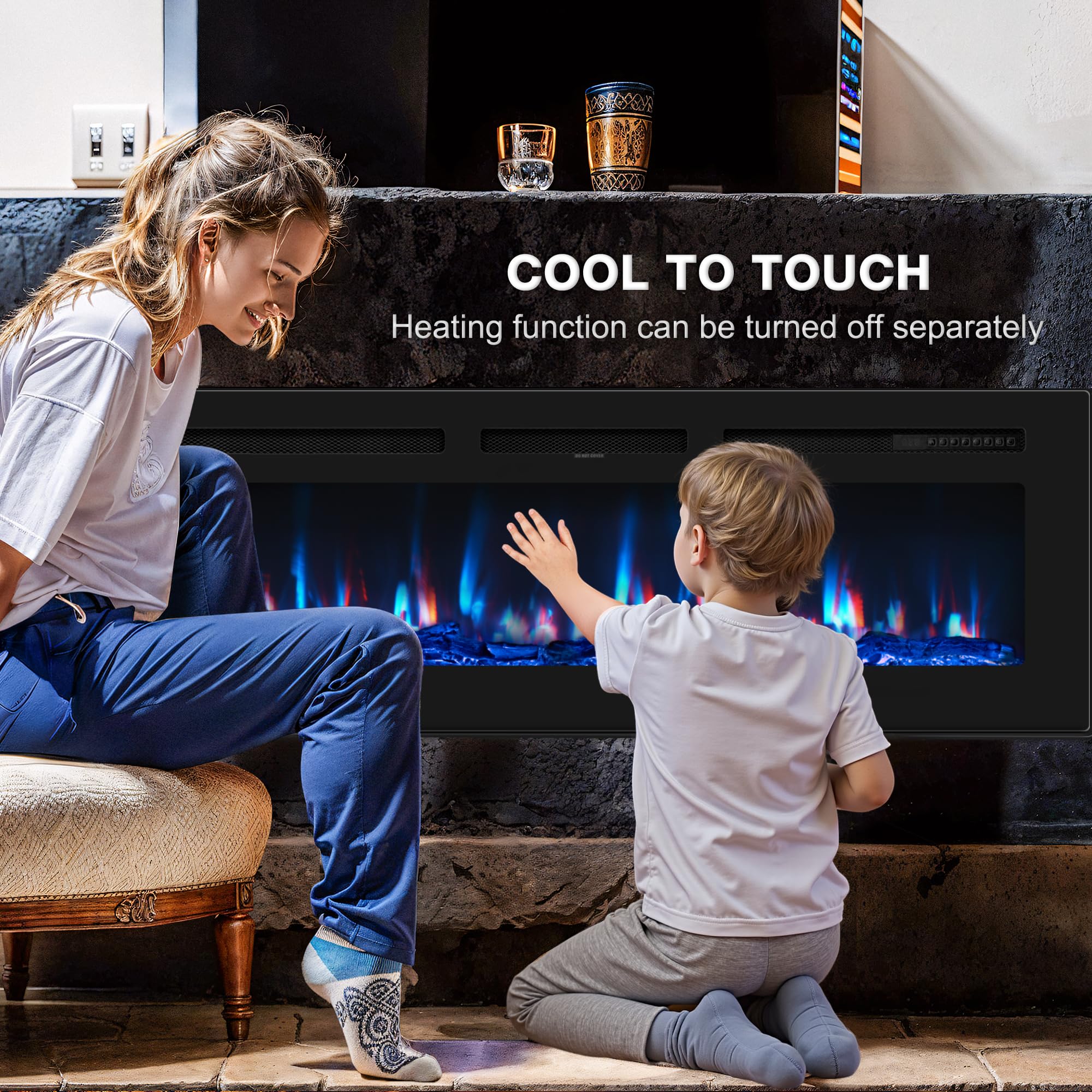 Manastin 60 Inch Electric Fireplace In Wall Recessed And Wall Mounted With Remote Control, 1500/750W Fireplace Heater (60 99F Th