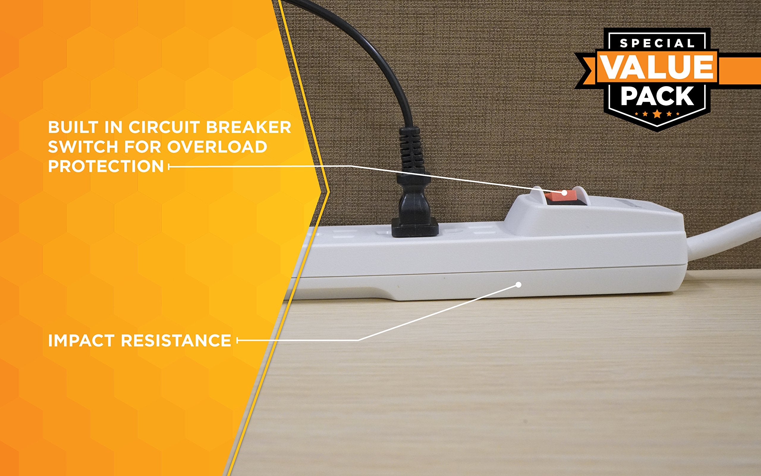 Woods 41346 Surge Protector With Overload Safety Feature 6 Outlets And 2.5 Ft Cord For 280J Of Protection, White, 2 Pack, One Size