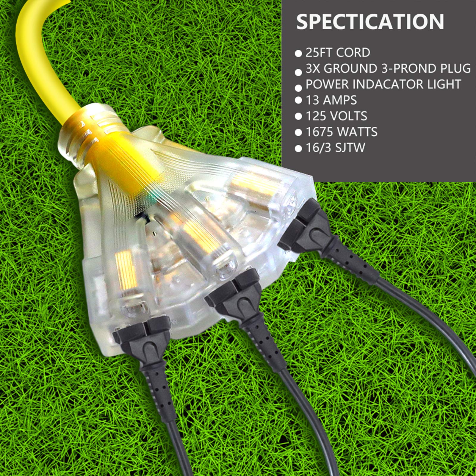 10 Ft 12/3 Extension Cord Heavy Duty Black 3 Outlet Indoor/Outdoor Sjtw Lighted 12 Gauge Grounded Power Cable ,12Awg 15 Amp, 187